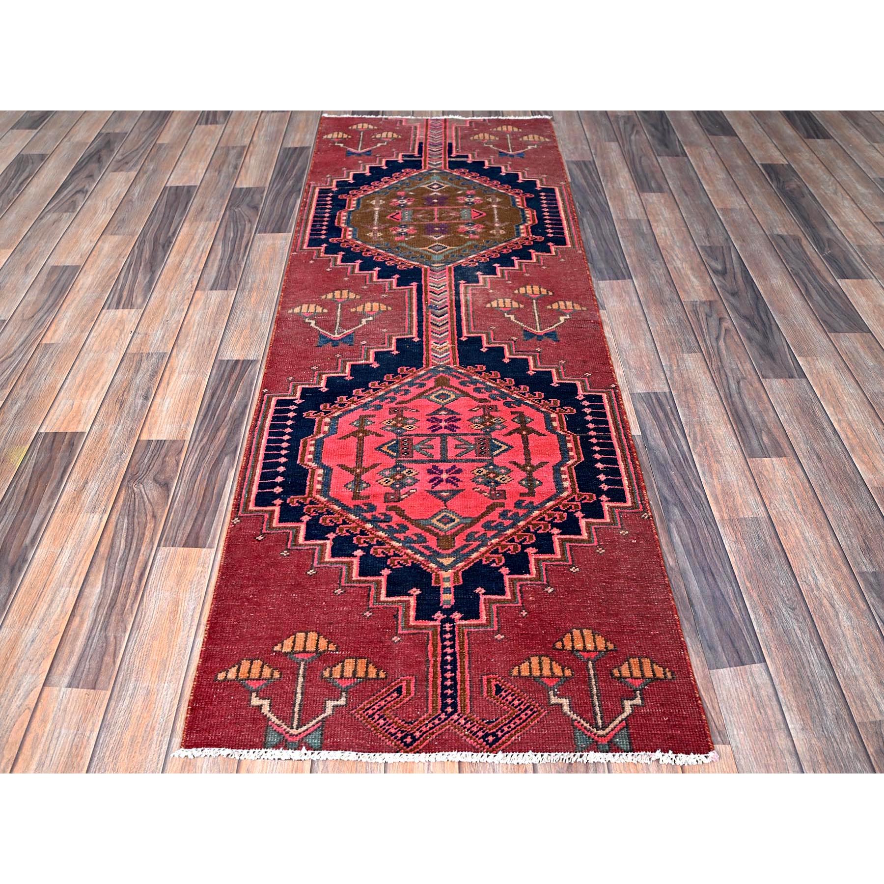 2'4"x6'5" Blush Red, Vintage Northwest Persian with Geometric Pattern, 100% Wool, Hand Knotted, Cropped Thin, Even Wear, Sides and Ends Professionally Secured, Good Condition, Runner, Oriental Rug Sh632