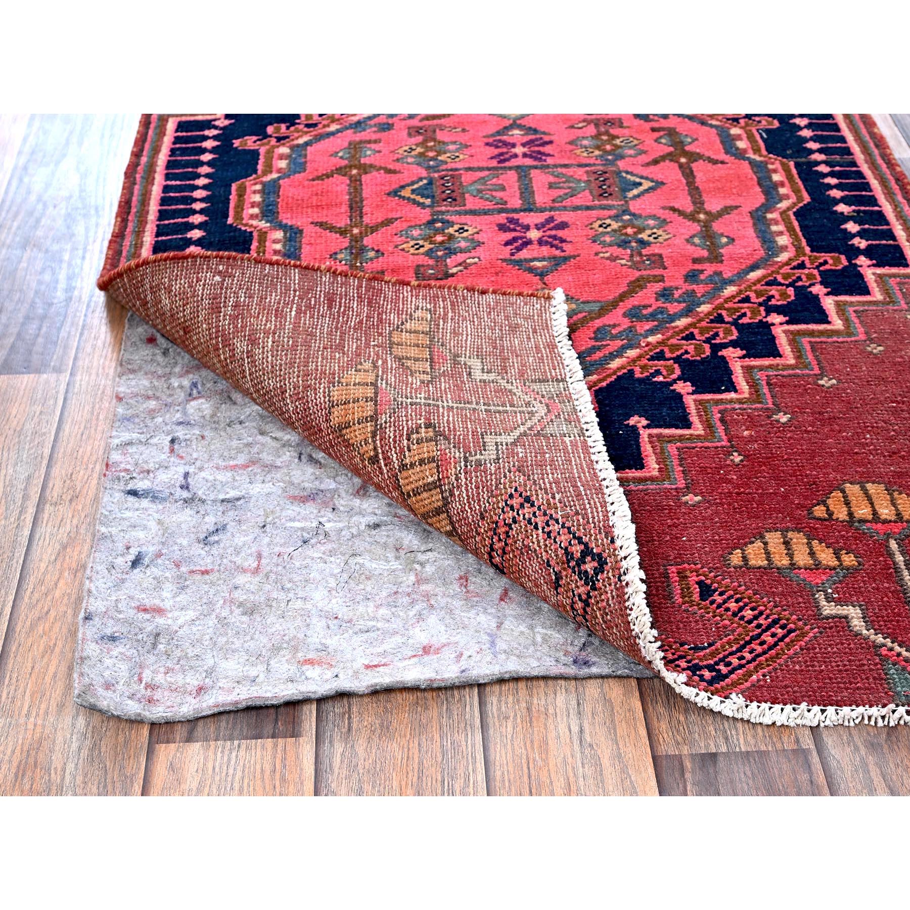 2'4"x6'5" Blush Red, Vintage Northwest Persian with Geometric Pattern, 100% Wool, Hand Knotted, Cropped Thin, Even Wear, Sides and Ends Professionally Secured, Good Condition, Runner, Oriental Rug Sh632