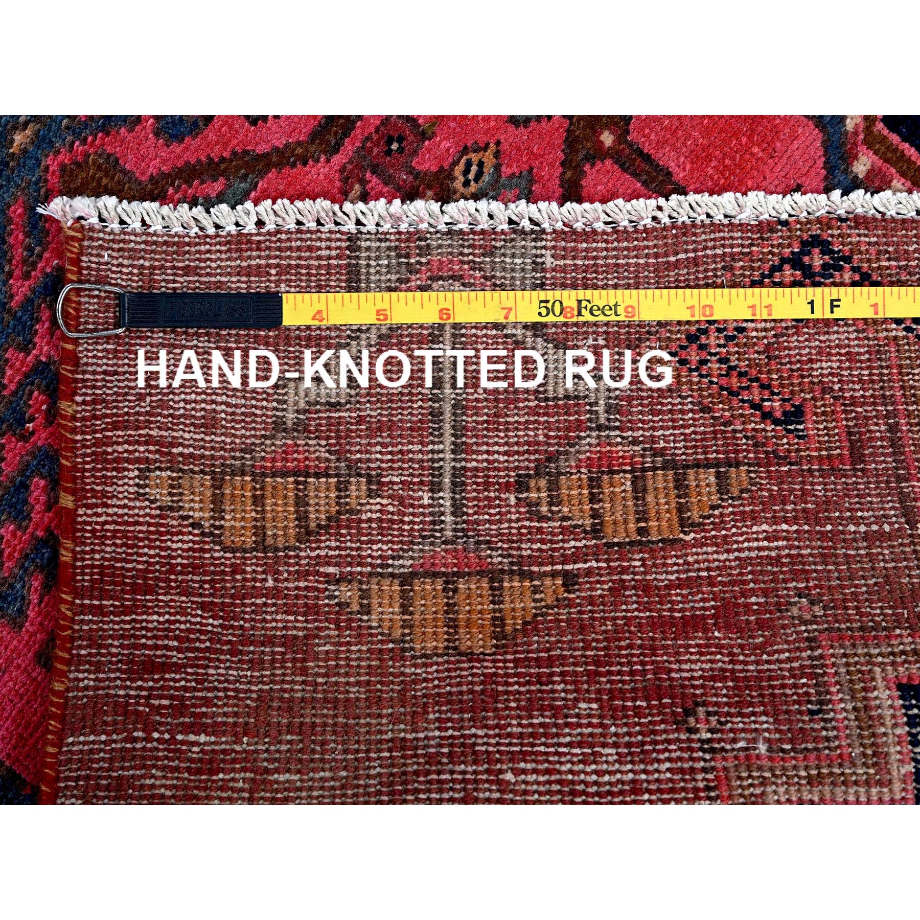 2'4"x6'5" Blush Red, Vintage Northwest Persian with Geometric Pattern, 100% Wool, Hand Knotted, Cropped Thin, Even Wear, Sides and Ends Professionally Secured, Good Condition, Runner, Oriental Rug Sh632