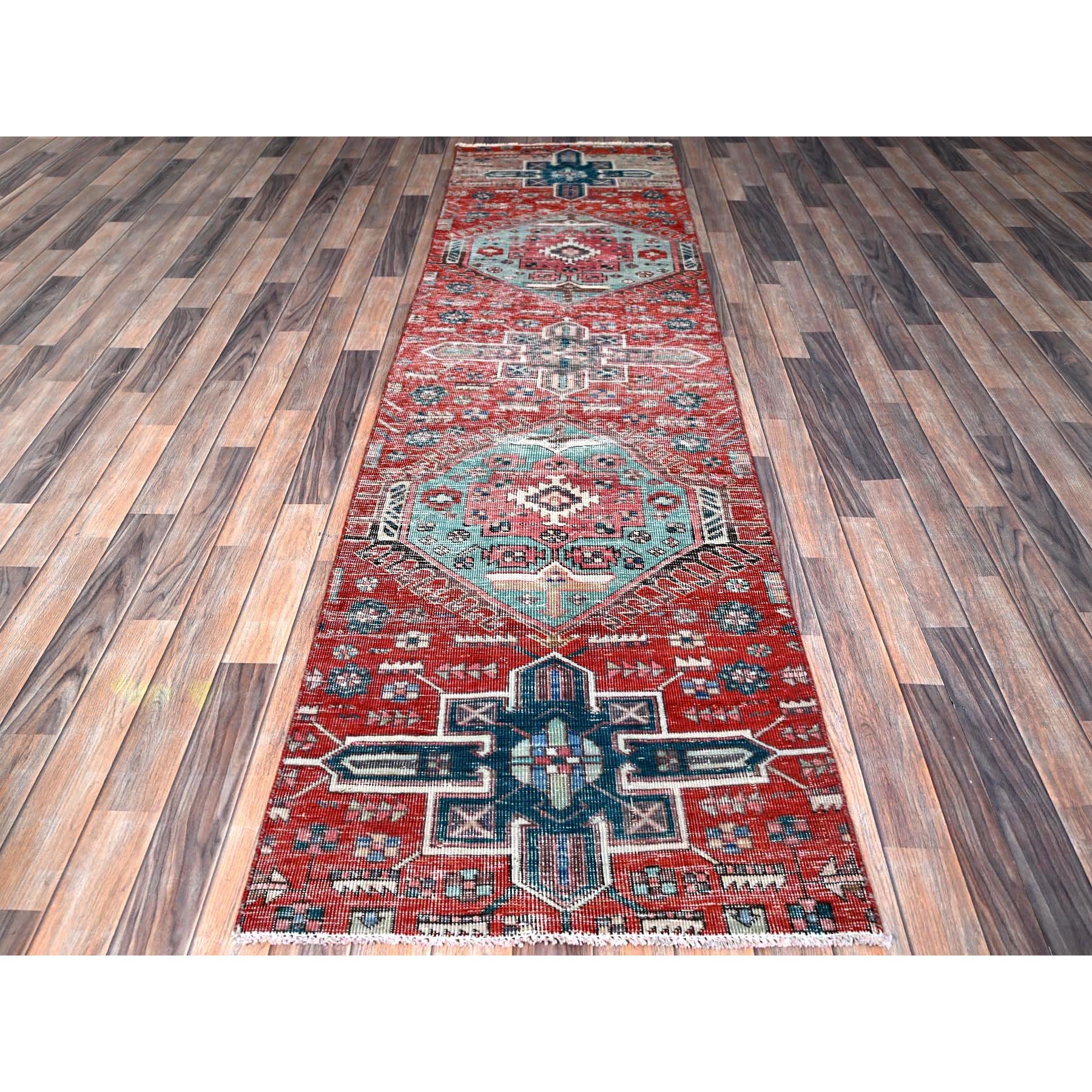 2'7"x9'3" Ajax Red, Vintage Northwest Persian with Large Medallions Design, Shaved Down, Zero Pile, Distressed, Abrash, Sides and Ends Professionally Secured, Hand Knotted, Pure Wool, Runner, Oriental Rug Sh633