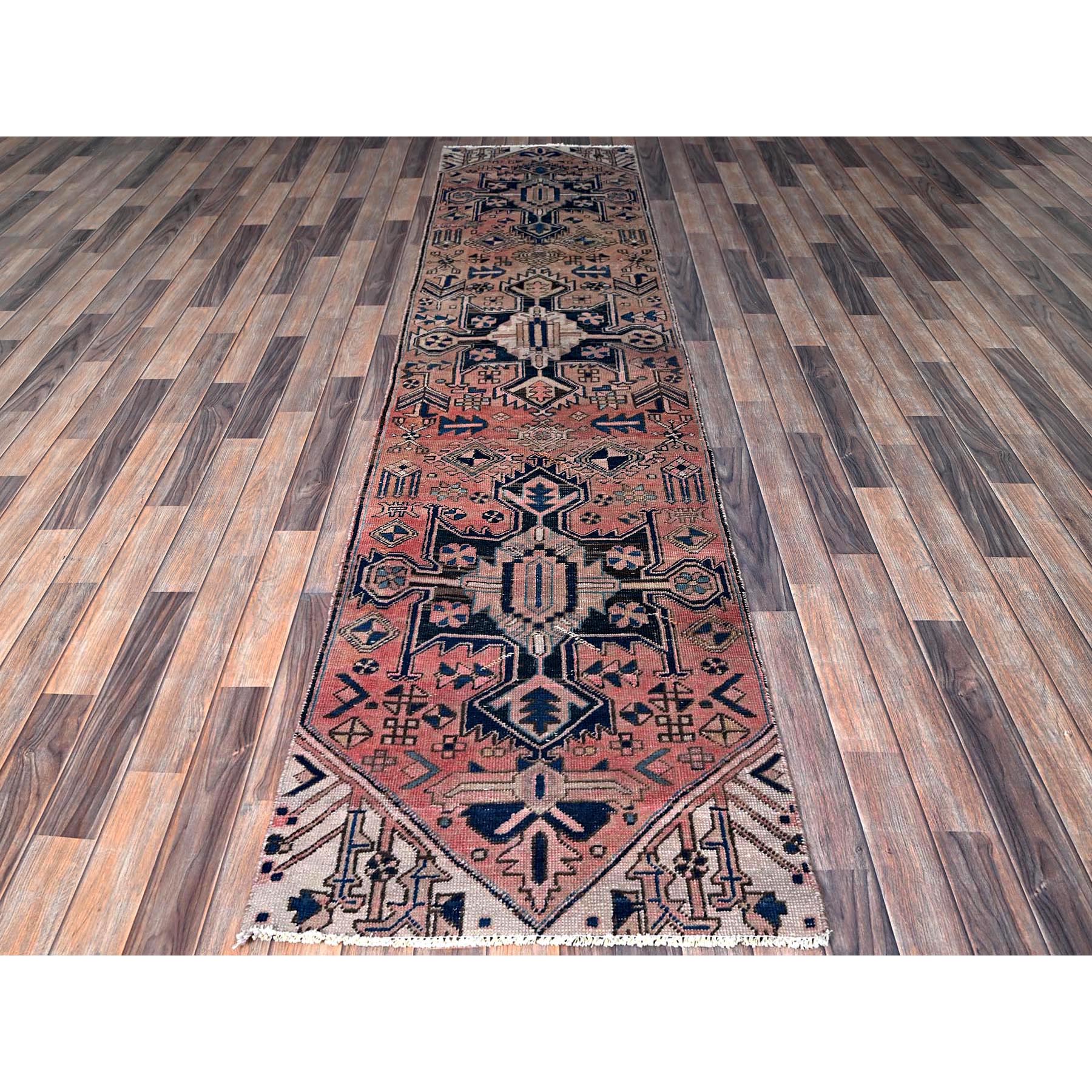 2'6"x10' Salmon Pink, Vintage Persian Hamadan with Geometric Pattern, Shaved Down, Zero Pile, Sides and Ends Professionally Secured, Hand Knotted, Pure Wool, Runner, Oriental Rug Sh634