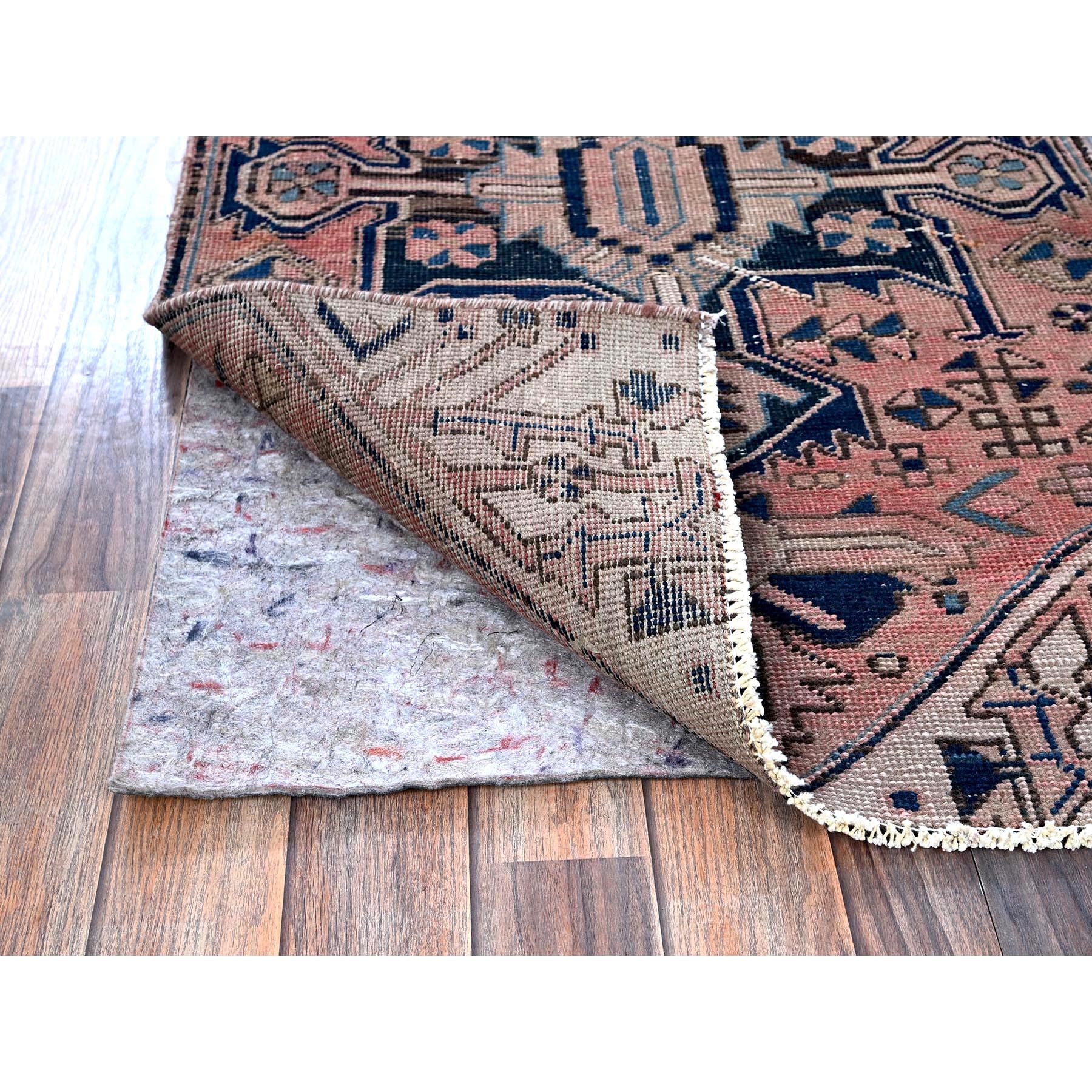 2'6"x10' Salmon Pink, Vintage Persian Hamadan with Geometric Pattern, Shaved Down, Zero Pile, Sides and Ends Professionally Secured, Hand Knotted, Pure Wool, Runner, Oriental Rug Sh634