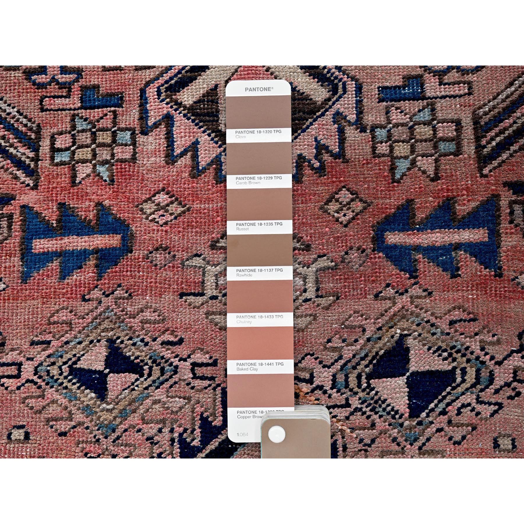 2'6"x10' Salmon Pink, Vintage Persian Hamadan with Geometric Pattern, Shaved Down, Zero Pile, Sides and Ends Professionally Secured, Hand Knotted, Pure Wool, Runner, Oriental Rug Sh634