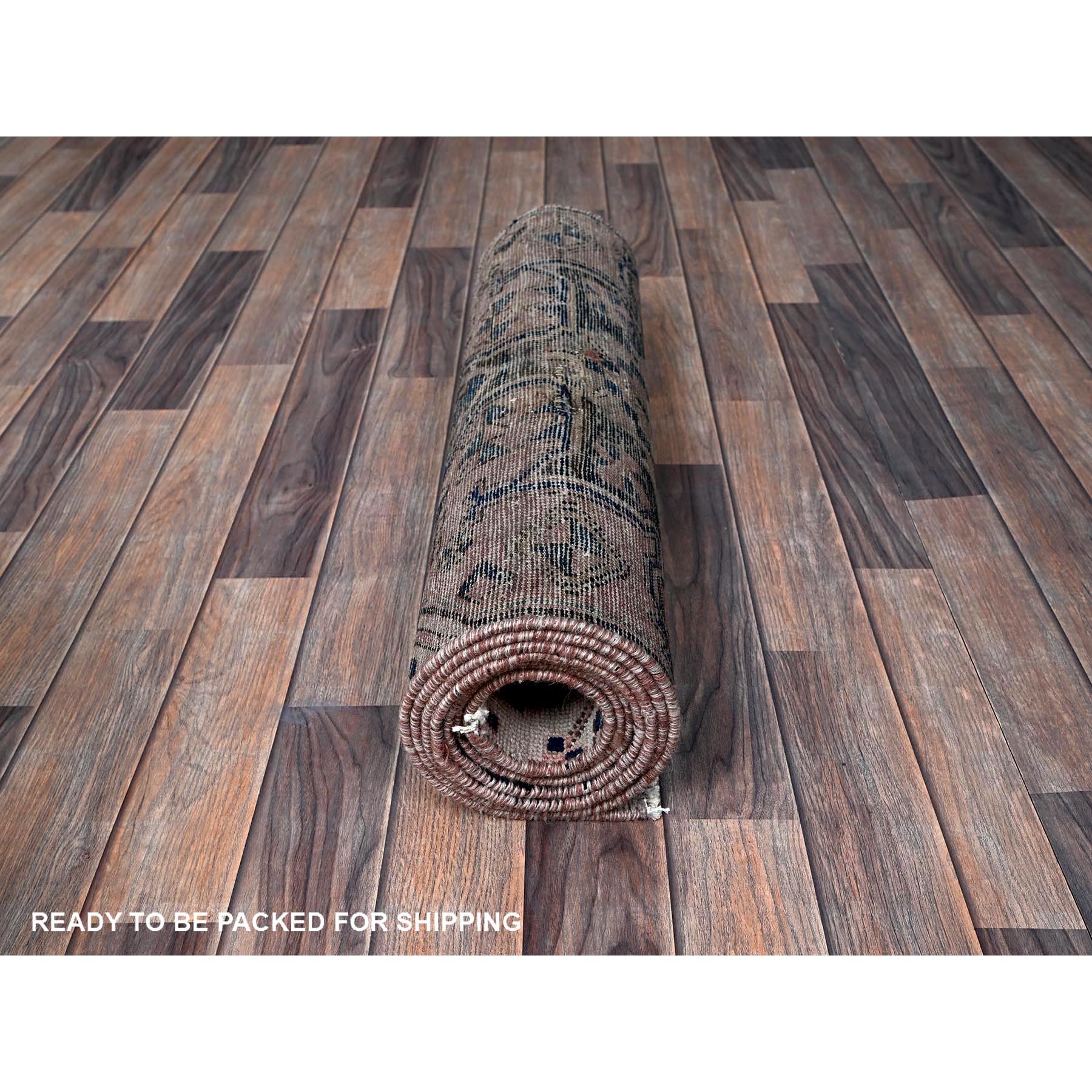 2'6"x10' Salmon Pink, Vintage Persian Hamadan with Geometric Pattern, Shaved Down, Zero Pile, Sides and Ends Professionally Secured, Hand Knotted, Pure Wool, Runner, Oriental Rug Sh634