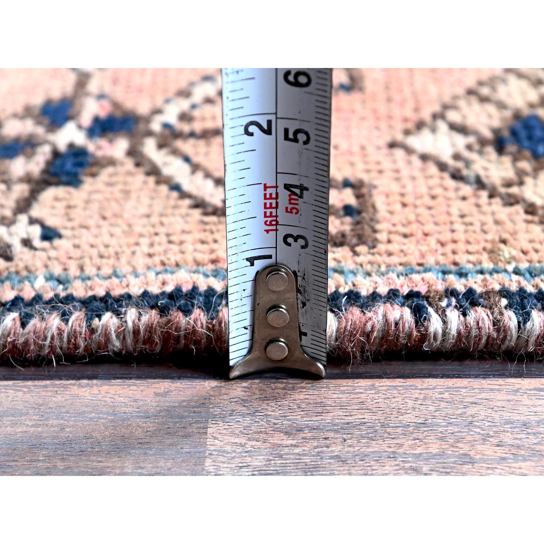 2'6"x10' Salmon Pink, Vintage Persian Hamadan with Geometric Pattern, Shaved Down, Zero Pile, Sides and Ends Professionally Secured, Hand Knotted, Pure Wool, Runner, Oriental Rug Sh634