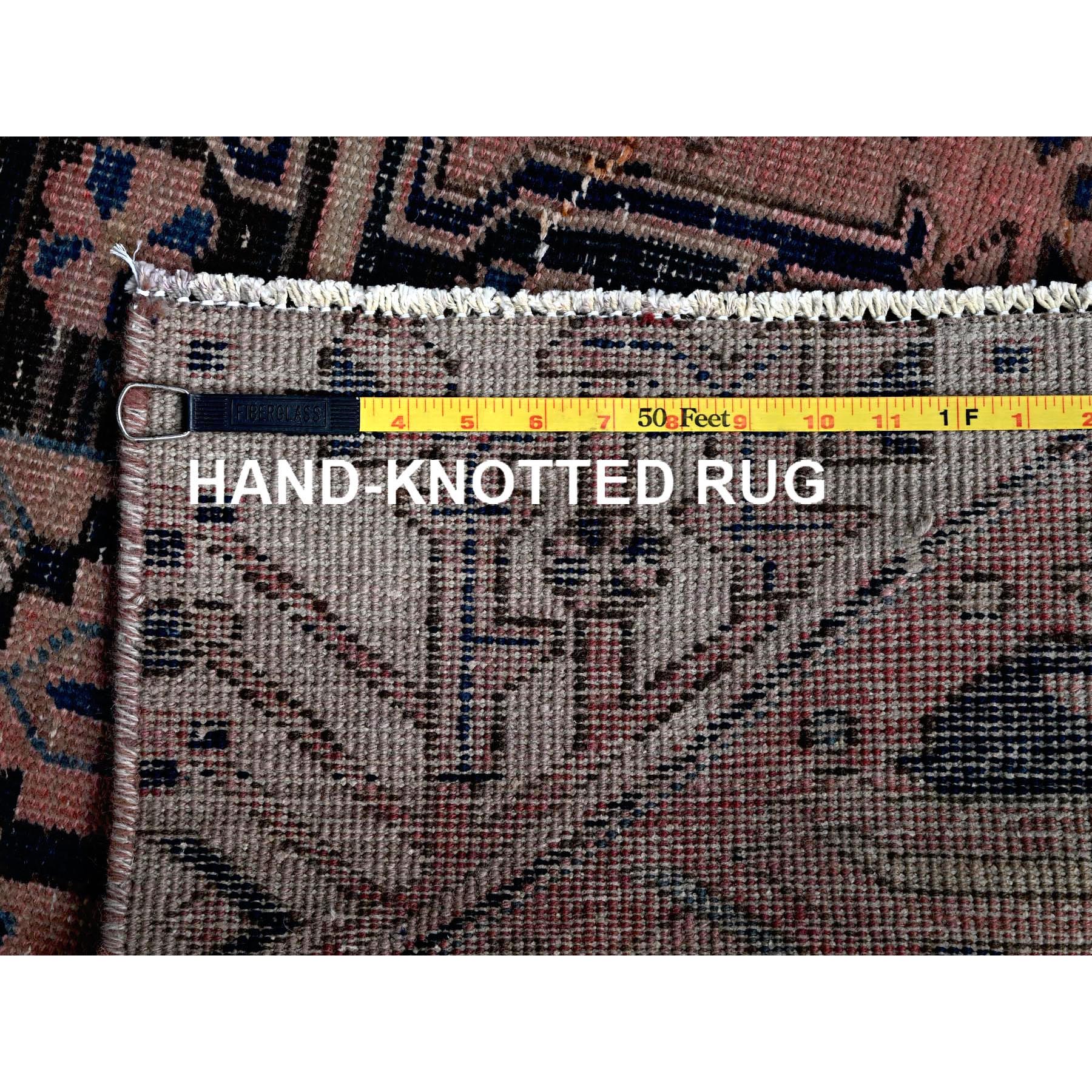 2'6"x10' Salmon Pink, Vintage Persian Hamadan with Geometric Pattern, Shaved Down, Zero Pile, Sides and Ends Professionally Secured, Hand Knotted, Pure Wool, Runner, Oriental Rug Sh634