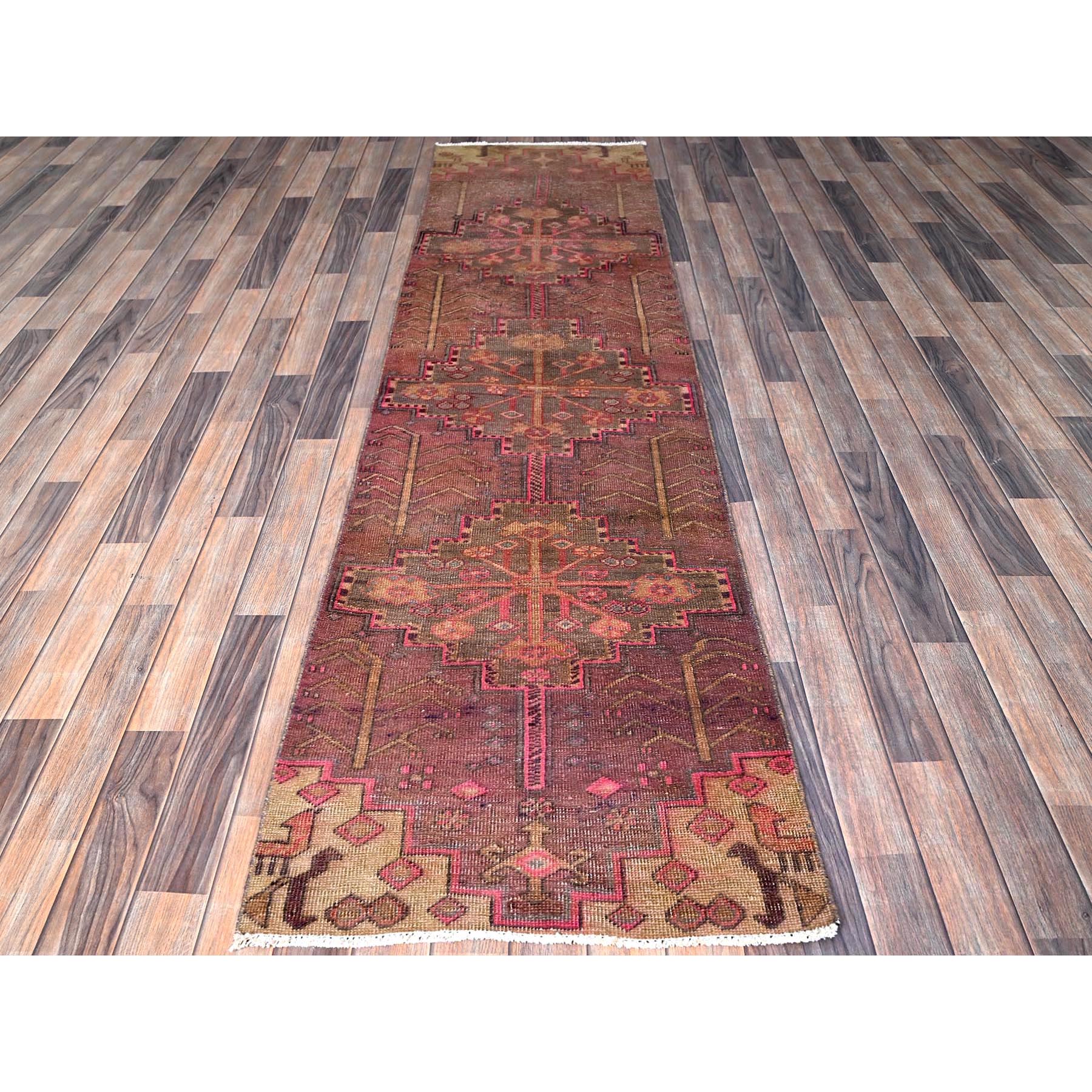 2'4"x8'9" Rosewood Pink, Vintage Northwest Persian with Geometric Pattern, Shaved Down, Zero Pile, Sides and Ends Professionally Secured, Hand Knotted, Pure Wool, Runner, Oriental Rug Sh635