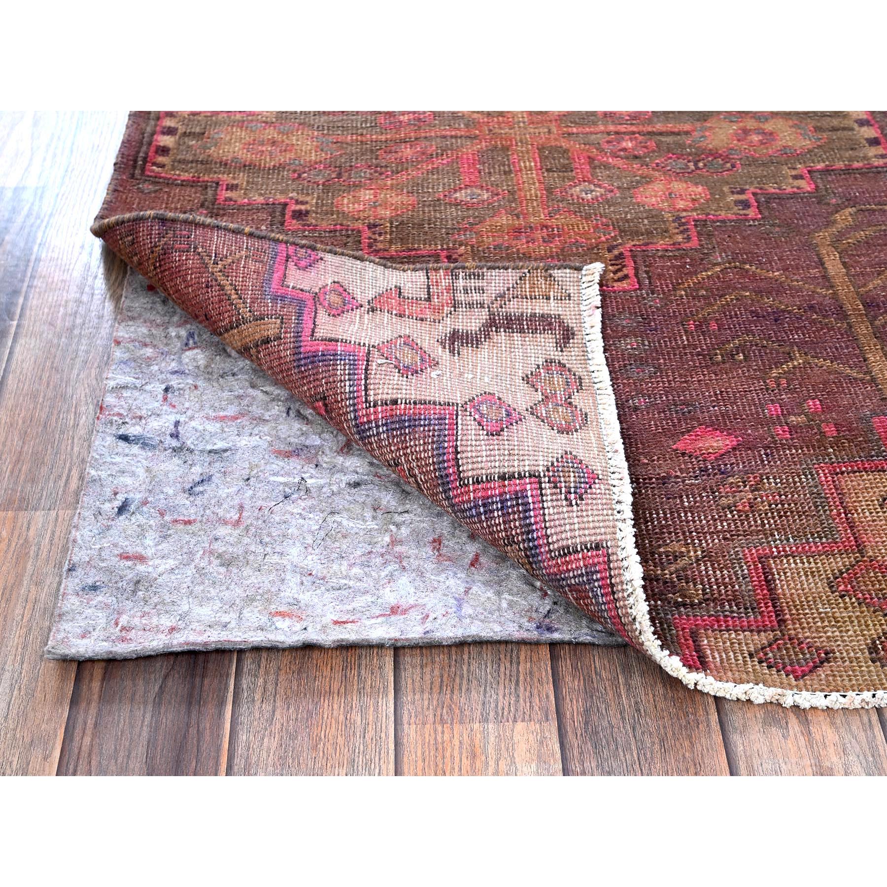 2'4"x8'9" Rosewood Pink, Vintage Northwest Persian with Geometric Pattern, Shaved Down, Zero Pile, Sides and Ends Professionally Secured, Hand Knotted, Pure Wool, Runner, Oriental Rug Sh635