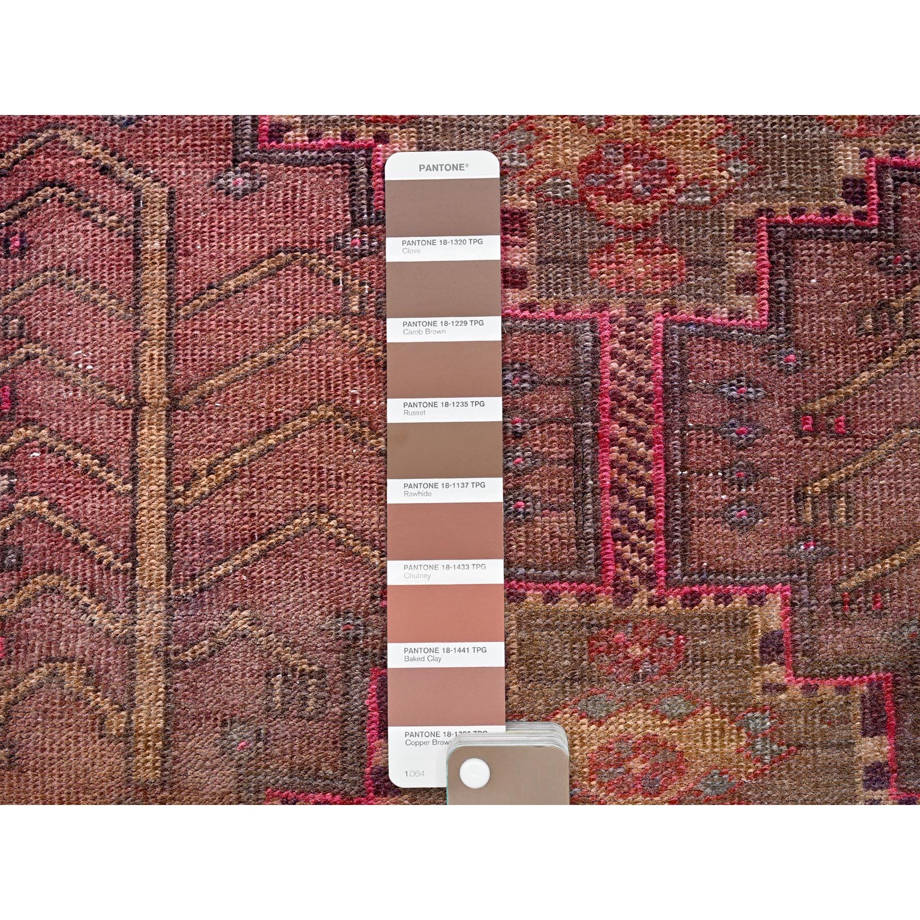 2'4"x8'9" Rosewood Pink, Vintage Northwest Persian with Geometric Pattern, Shaved Down, Zero Pile, Sides and Ends Professionally Secured, Hand Knotted, Pure Wool, Runner, Oriental Rug Sh635