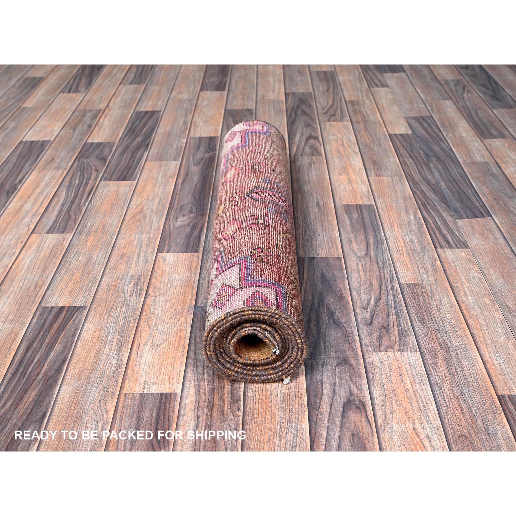 2'4"x8'9" Rosewood Pink, Vintage Northwest Persian with Geometric Pattern, Shaved Down, Zero Pile, Sides and Ends Professionally Secured, Hand Knotted, Pure Wool, Runner, Oriental Rug Sh635