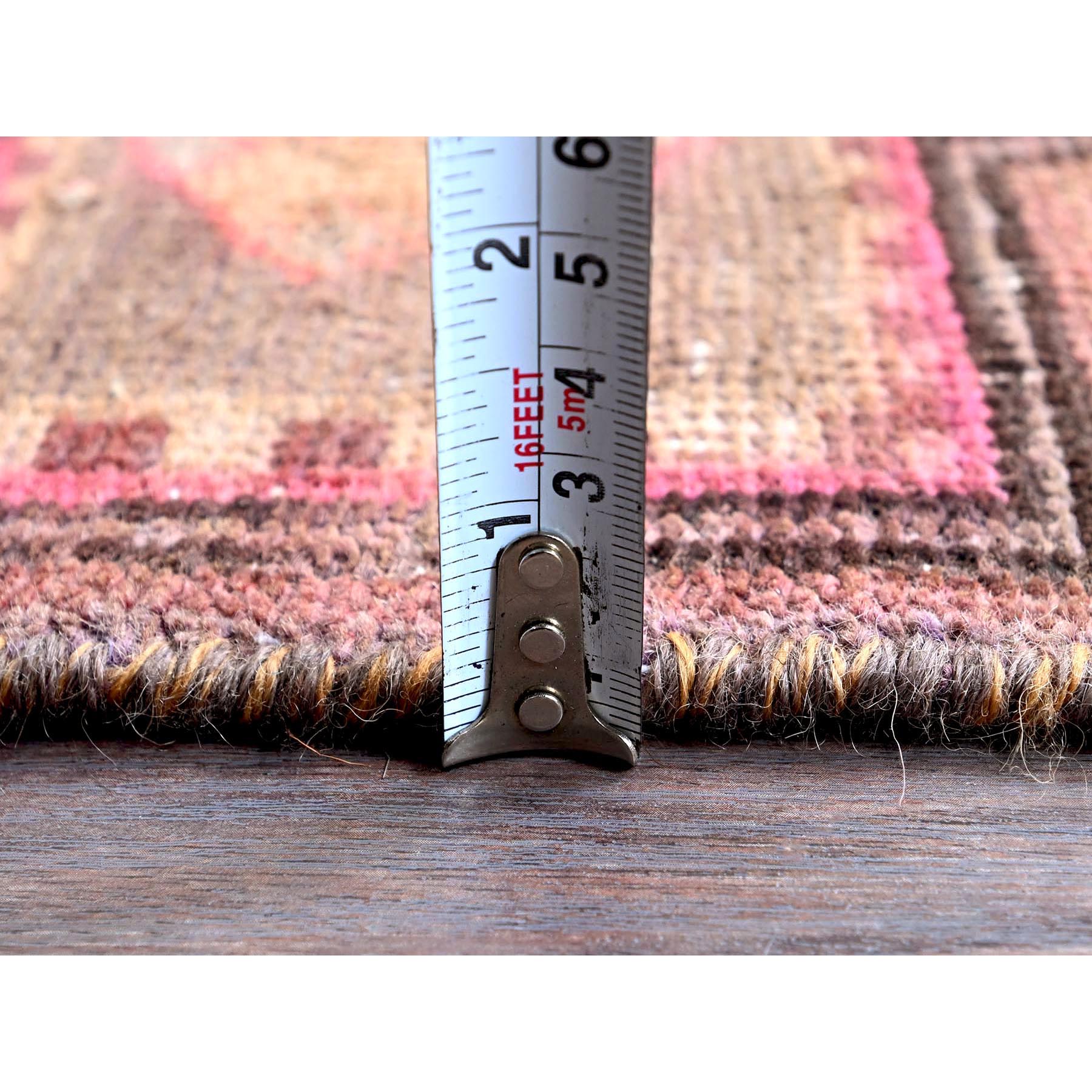 2'4"x8'9" Rosewood Pink, Vintage Northwest Persian with Geometric Pattern, Shaved Down, Zero Pile, Sides and Ends Professionally Secured, Hand Knotted, Pure Wool, Runner, Oriental Rug Sh635