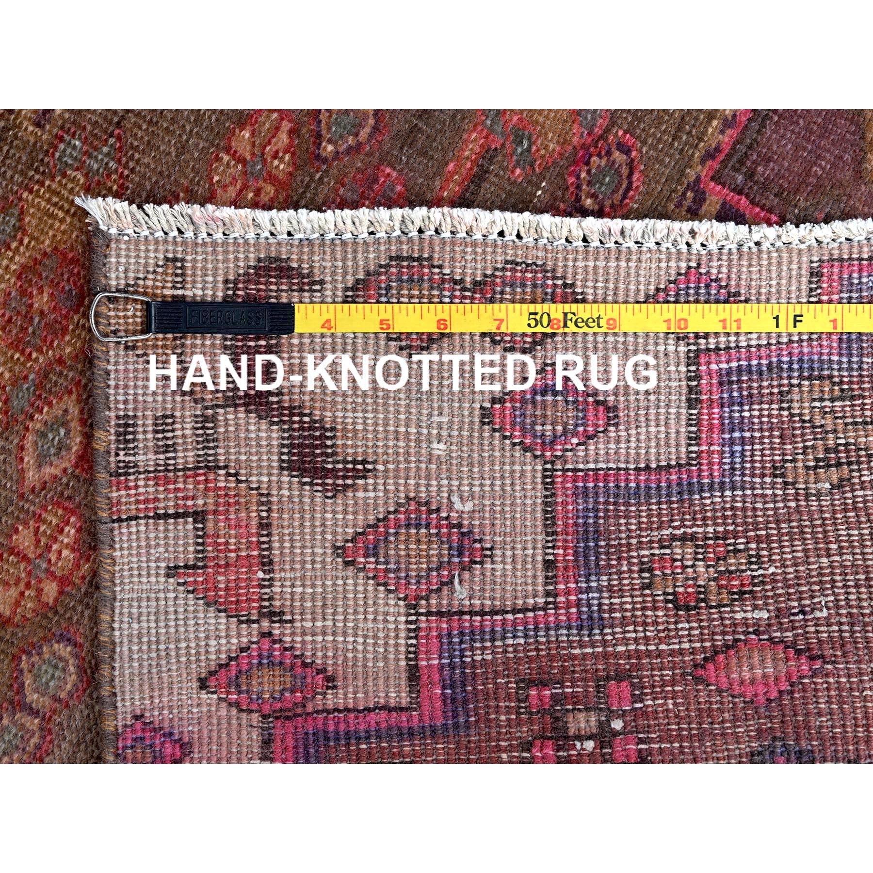 2'4"x8'9" Rosewood Pink, Vintage Northwest Persian with Geometric Pattern, Shaved Down, Zero Pile, Sides and Ends Professionally Secured, Hand Knotted, Pure Wool, Runner, Oriental Rug Sh635