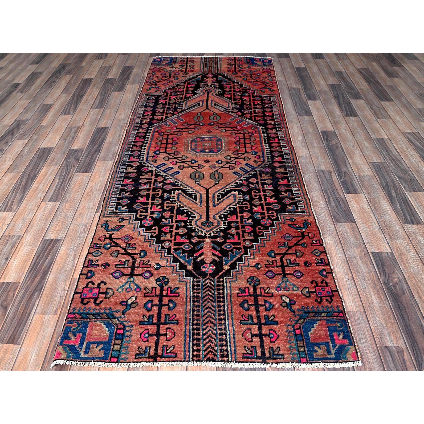 3'4"x8'8" Salmon Color, Vintage Persian Nahavand with Bird Figurines, Cropped Thin, Zero Pile, Sides and Ends Professionally Secured, Abrash, Hand Knotted, Pure Wool, Wide Runner, Oriental Rug Sh636