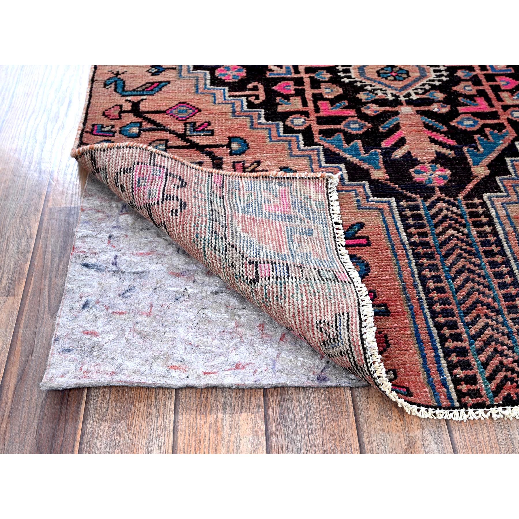 3'4"x8'8" Salmon Color, Vintage Persian Nahavand with Bird Figurines, Cropped Thin, Zero Pile, Sides and Ends Professionally Secured, Abrash, Hand Knotted, Pure Wool, Wide Runner, Oriental Rug Sh636