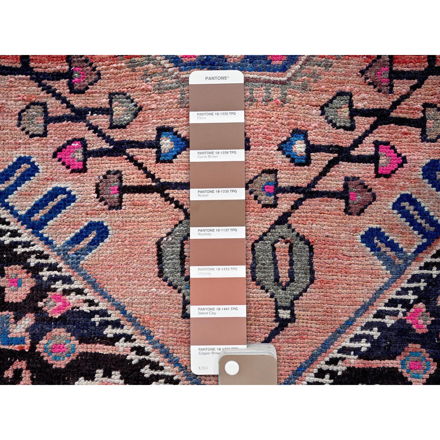 3'4"x8'8" Salmon Color, Vintage Persian Nahavand with Bird Figurines, Cropped Thin, Zero Pile, Sides and Ends Professionally Secured, Abrash, Hand Knotted, Pure Wool, Wide Runner, Oriental Rug Sh636