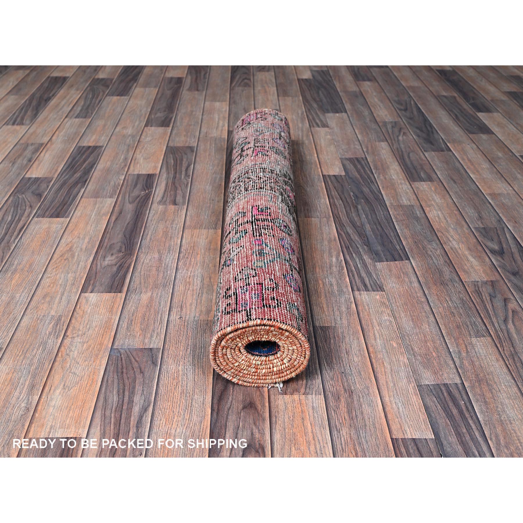 3'4"x8'8" Salmon Color, Vintage Persian Nahavand with Bird Figurines, Cropped Thin, Zero Pile, Sides and Ends Professionally Secured, Abrash, Hand Knotted, Pure Wool, Wide Runner, Oriental Rug Sh636