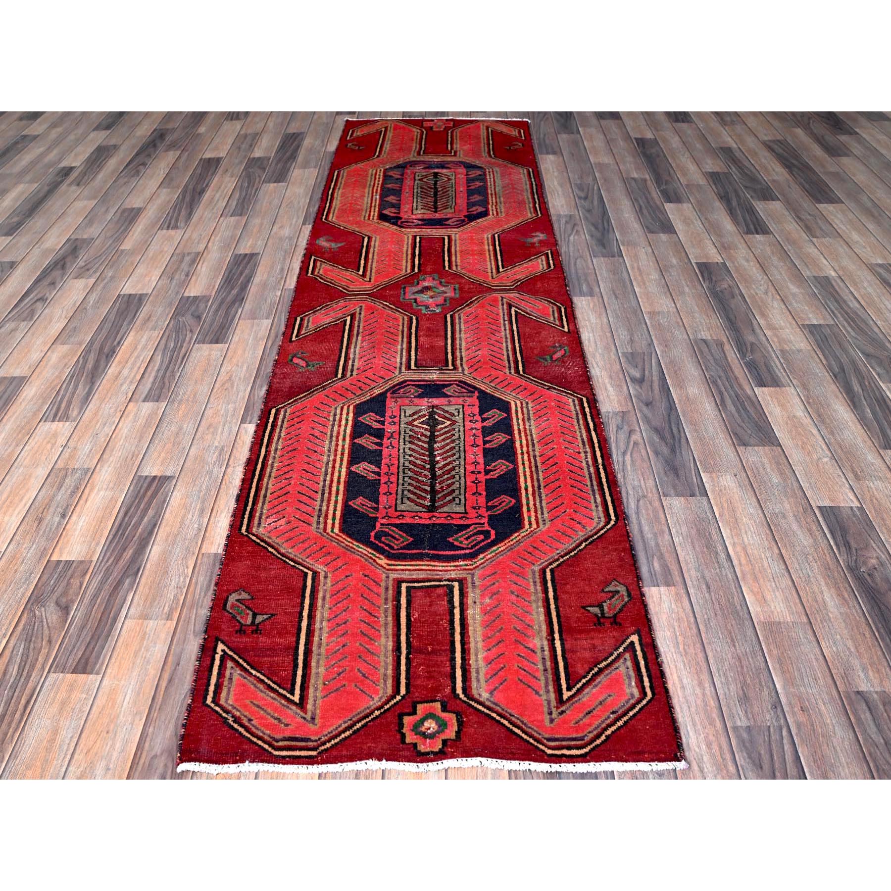 2'7"x8'8" Scarlet Red, Vintage Persian Hamadan with Geometric Pattern, Small Bird Figurines, Shaved Down, Zero Pile, Sides and Ends Professionally Secured, Hand Knotted, Pure Wool, Runner, Oriental Rug Sh637