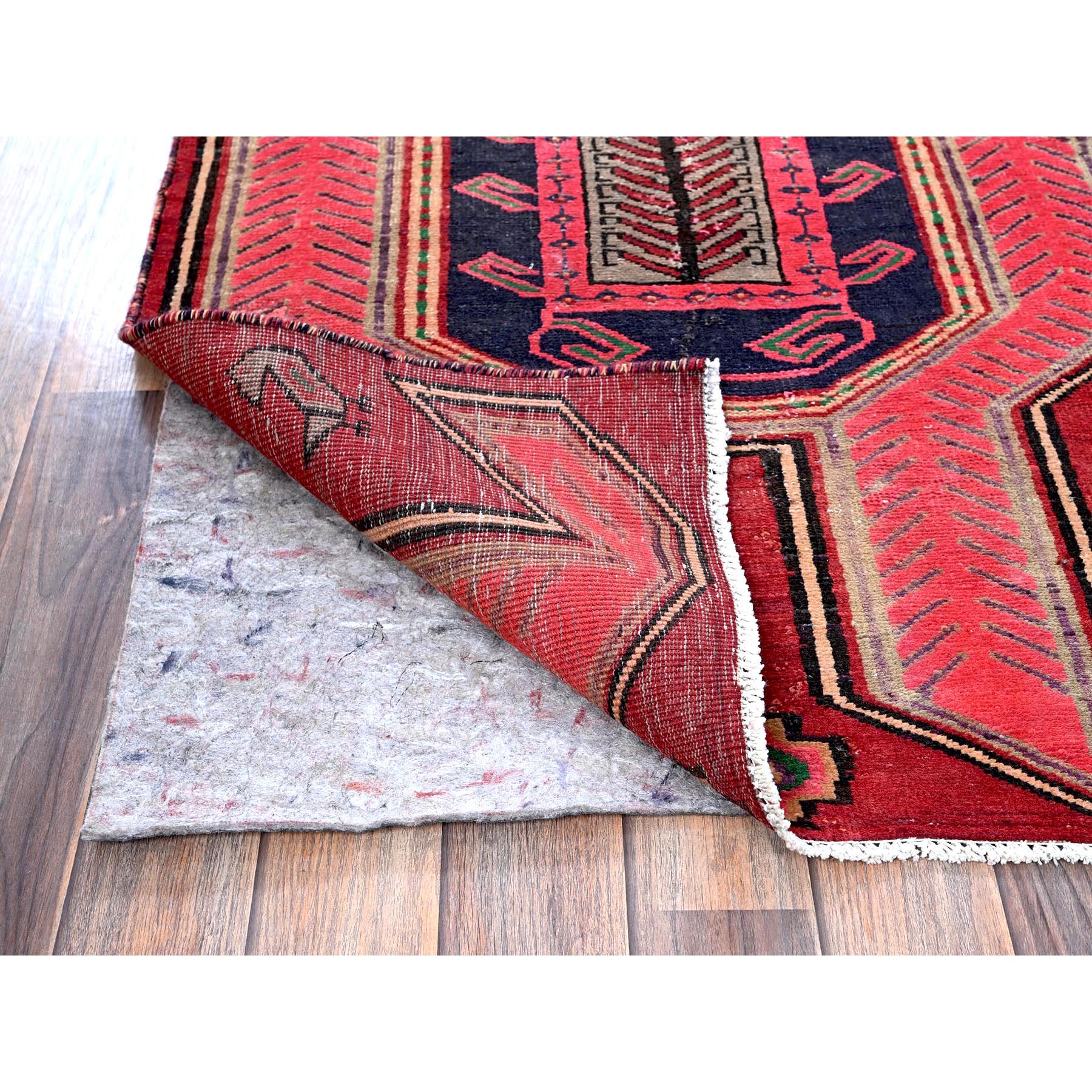 2'7"x8'8" Scarlet Red, Vintage Persian Hamadan with Geometric Pattern, Small Bird Figurines, Shaved Down, Zero Pile, Sides and Ends Professionally Secured, Hand Knotted, Pure Wool, Runner, Oriental Rug Sh637