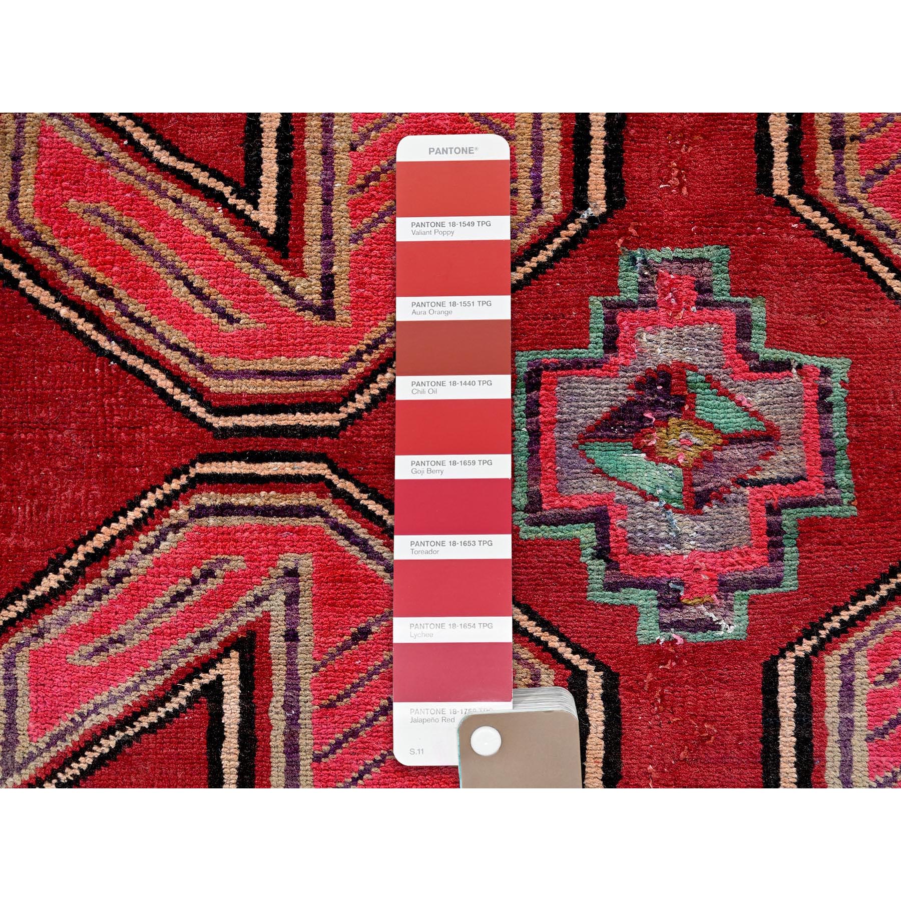 2'7"x8'8" Scarlet Red, Vintage Persian Hamadan with Geometric Pattern, Small Bird Figurines, Shaved Down, Zero Pile, Sides and Ends Professionally Secured, Hand Knotted, Pure Wool, Runner, Oriental Rug Sh637