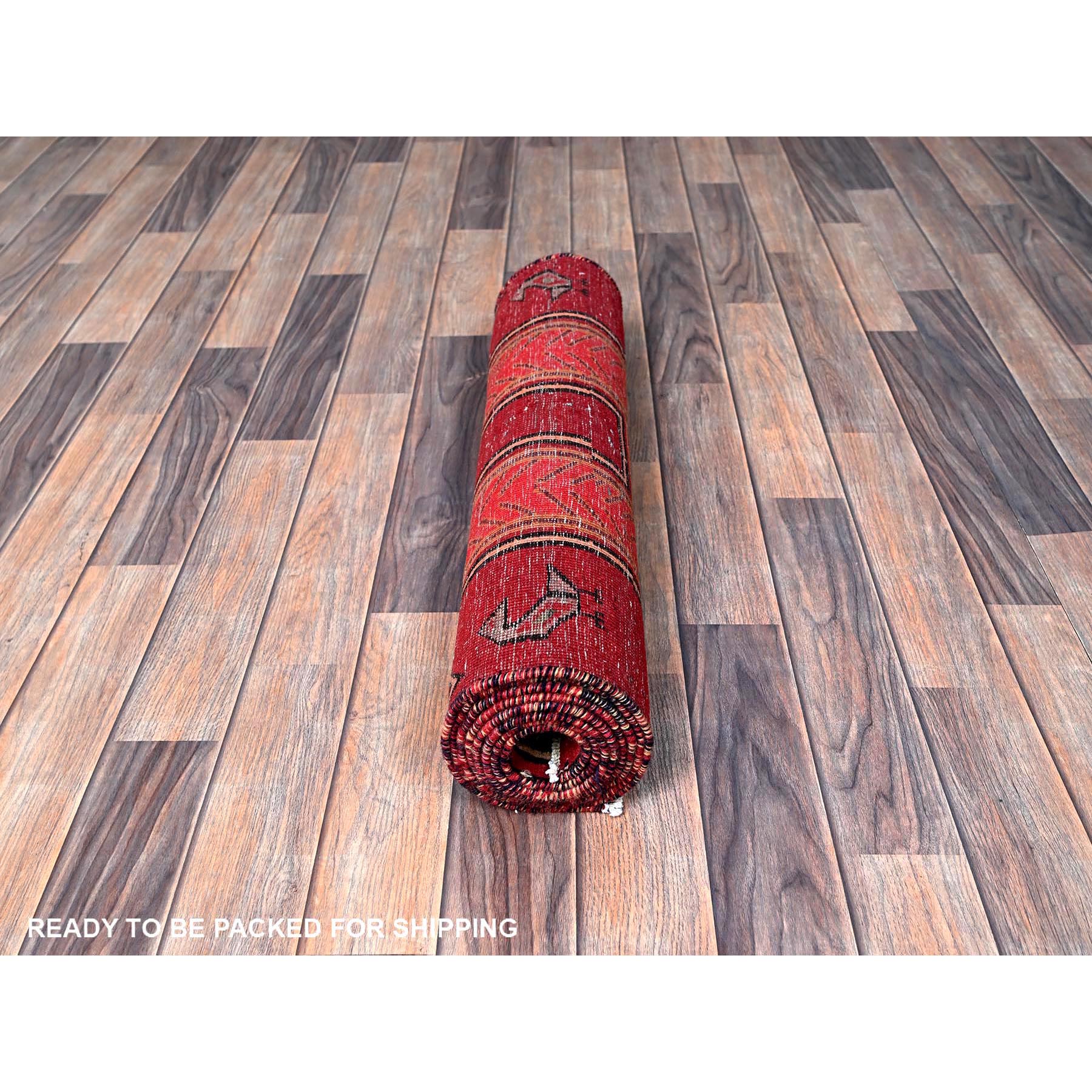 2'7"x8'8" Scarlet Red, Vintage Persian Hamadan with Geometric Pattern, Small Bird Figurines, Shaved Down, Zero Pile, Sides and Ends Professionally Secured, Hand Knotted, Pure Wool, Runner, Oriental Rug Sh637