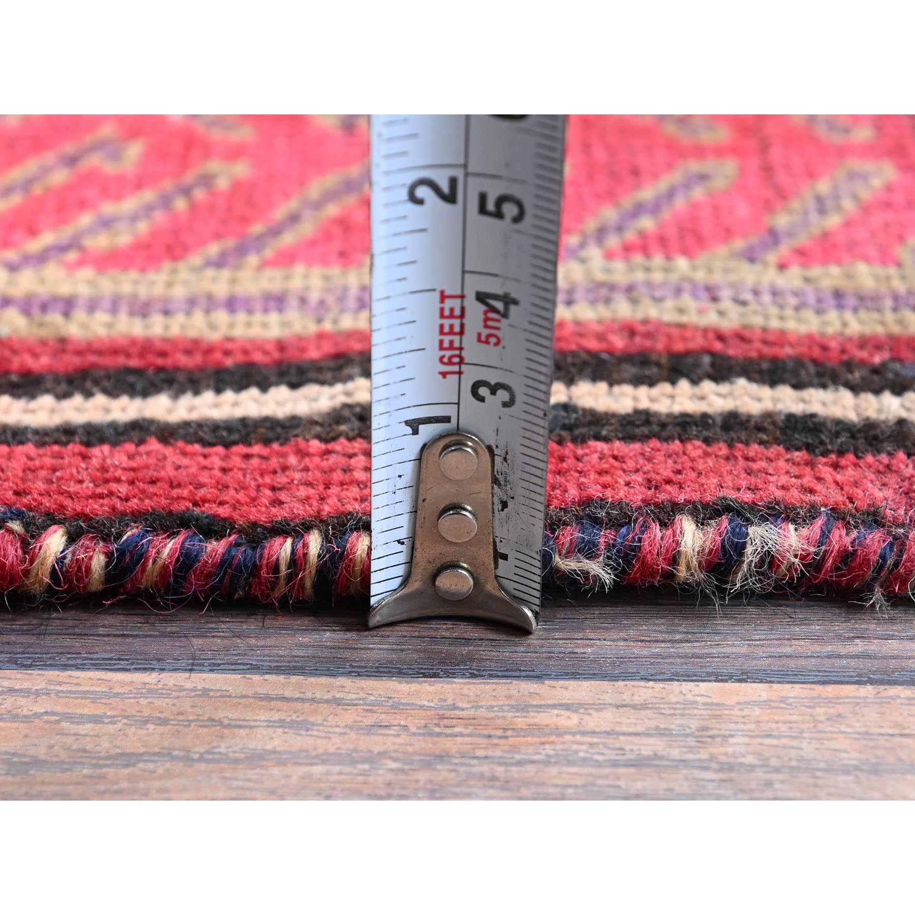 2'7"x8'8" Scarlet Red, Vintage Persian Hamadan with Geometric Pattern, Small Bird Figurines, Shaved Down, Zero Pile, Sides and Ends Professionally Secured, Hand Knotted, Pure Wool, Runner, Oriental Rug Sh637