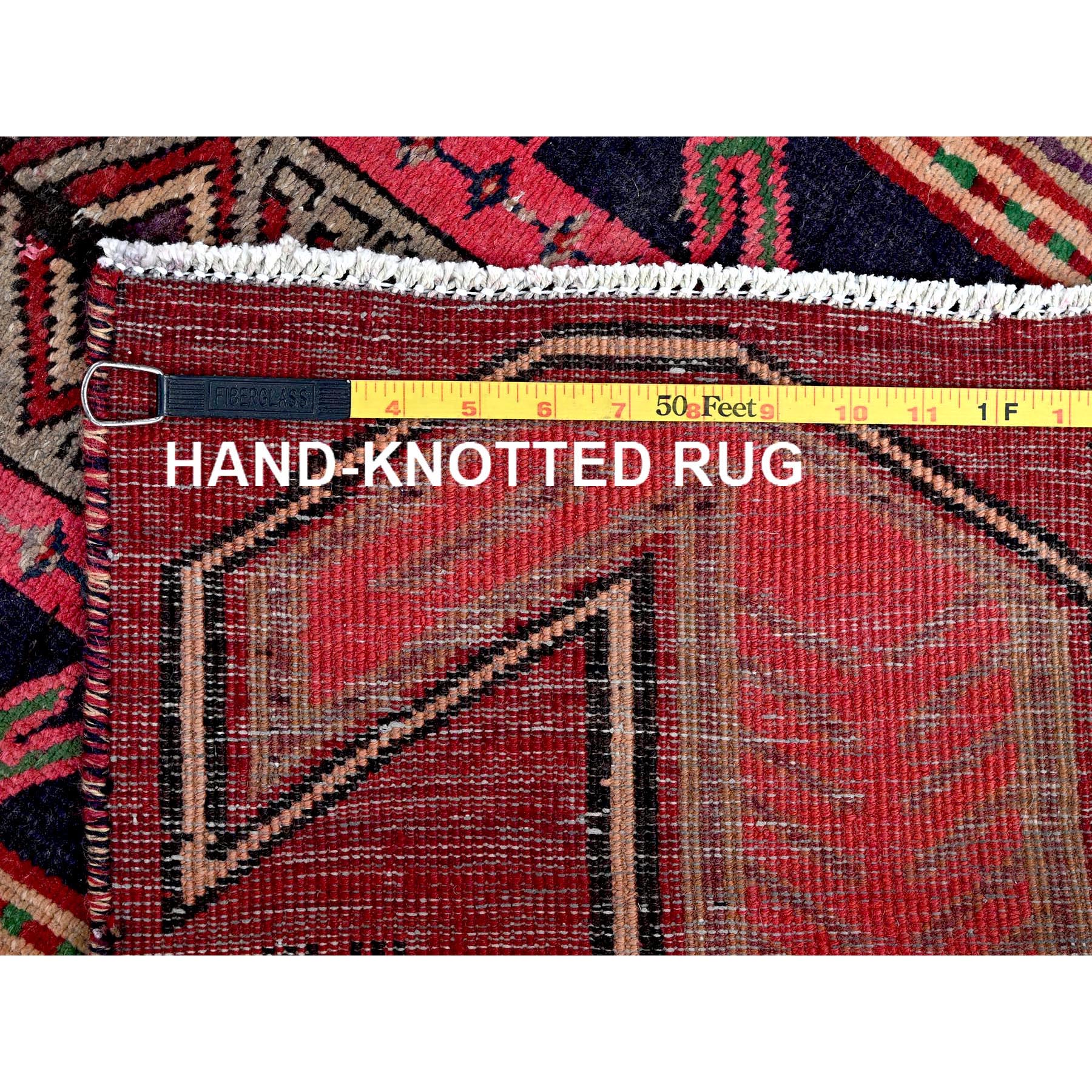 2'7"x8'8" Scarlet Red, Vintage Persian Hamadan with Geometric Pattern, Small Bird Figurines, Shaved Down, Zero Pile, Sides and Ends Professionally Secured, Hand Knotted, Pure Wool, Runner, Oriental Rug Sh637