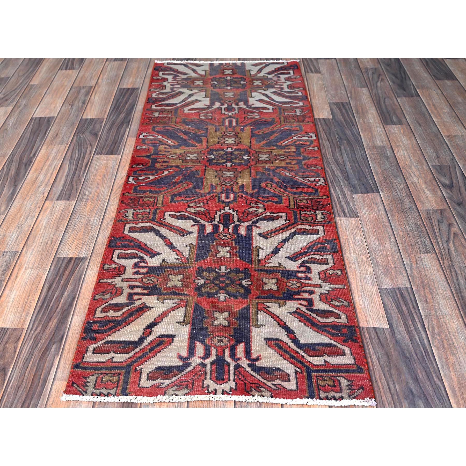 2'1"x5'4" Crimson Red, Vintage Persian Heriz with Eagle Kazak Design, Shaved Down, Zero Pile, Sides and Ends Professionally Secured, Hand Knotted, Pure Wool, Short & Narrow Runner, Oriental Rug Sh638