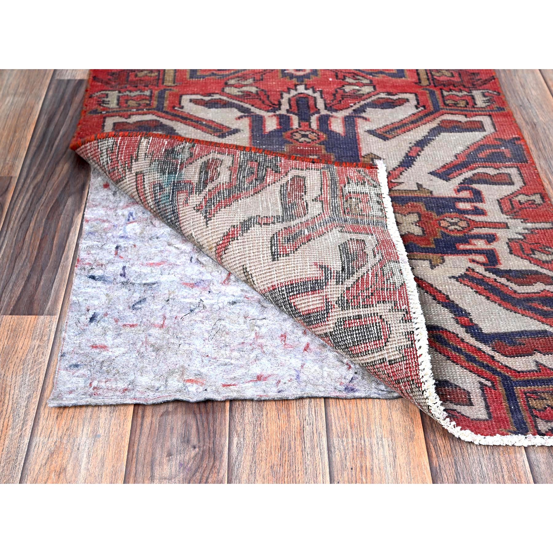 2'1"x5'4" Crimson Red, Vintage Persian Heriz with Eagle Kazak Design, Shaved Down, Zero Pile, Sides and Ends Professionally Secured, Hand Knotted, Pure Wool, Short & Narrow Runner, Oriental Rug Sh638