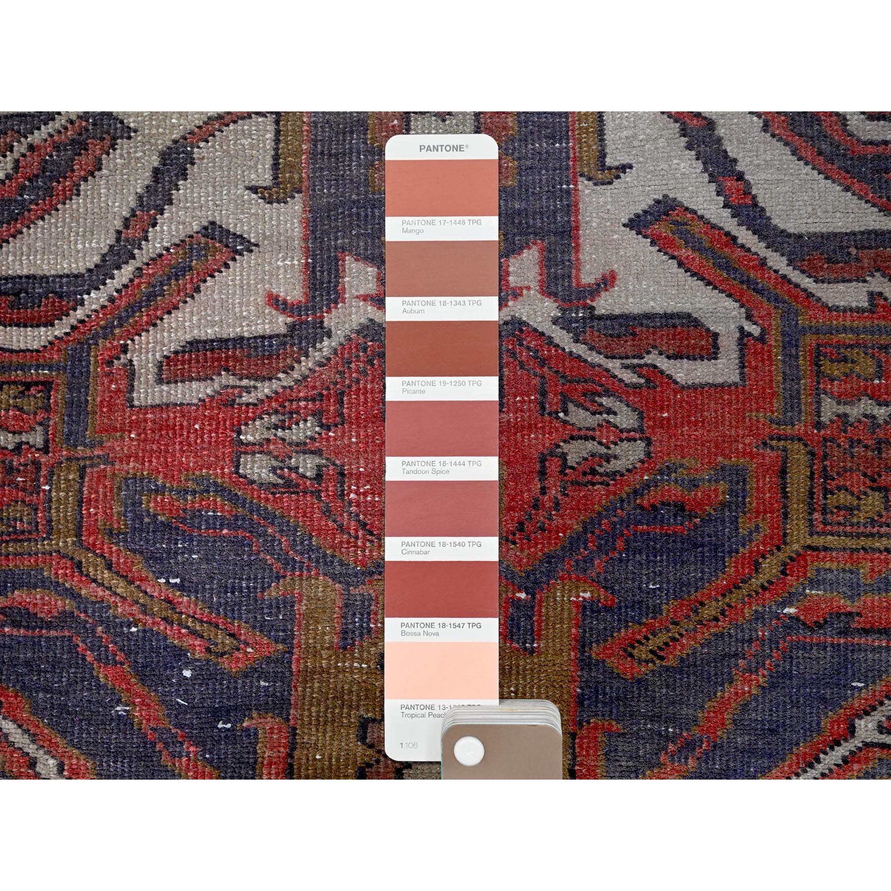 2'1"x5'4" Crimson Red, Vintage Persian Heriz with Eagle Kazak Design, Shaved Down, Zero Pile, Sides and Ends Professionally Secured, Hand Knotted, Pure Wool, Short & Narrow Runner, Oriental Rug Sh638