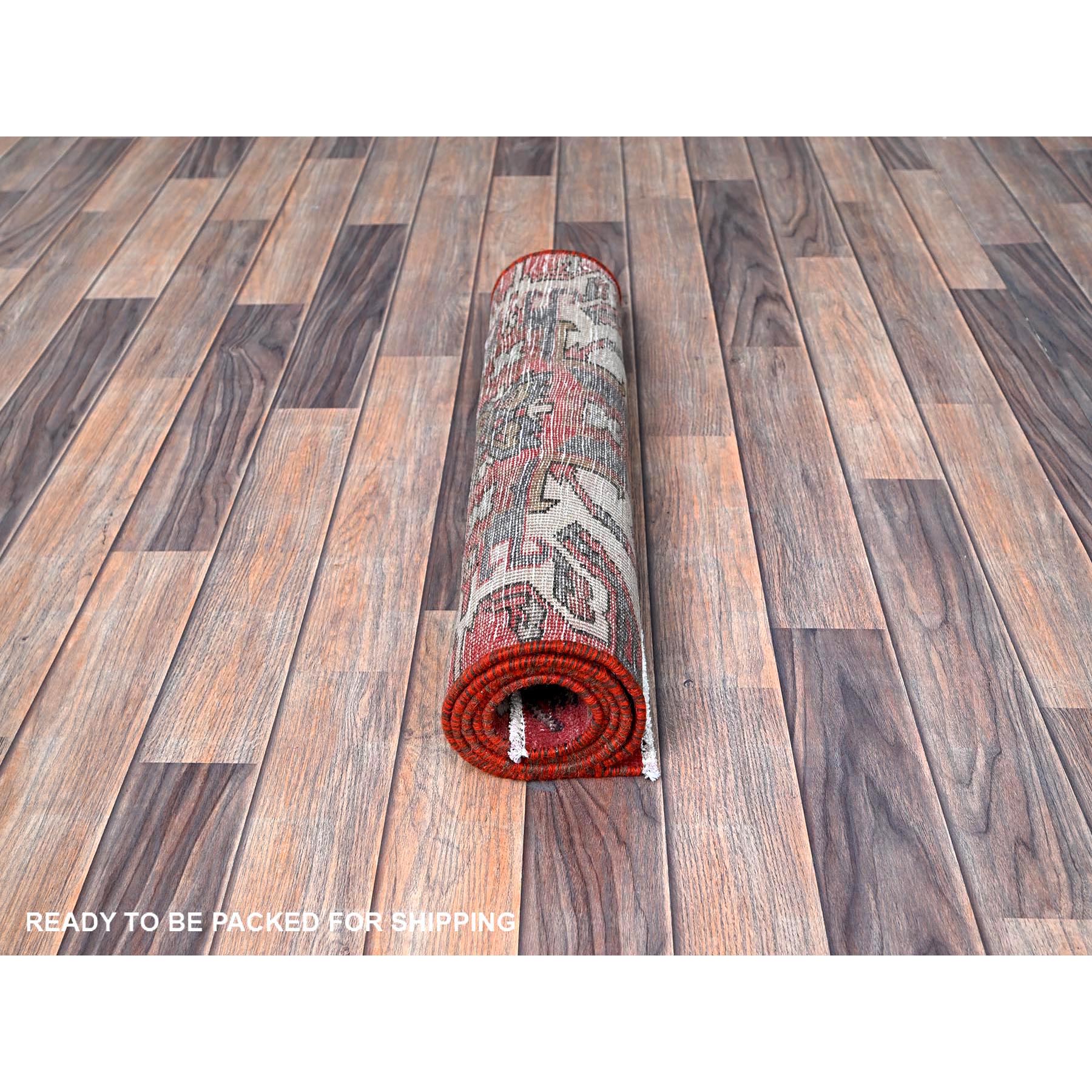 2'1"x5'4" Crimson Red, Vintage Persian Heriz with Eagle Kazak Design, Shaved Down, Zero Pile, Sides and Ends Professionally Secured, Hand Knotted, Pure Wool, Short & Narrow Runner, Oriental Rug Sh638