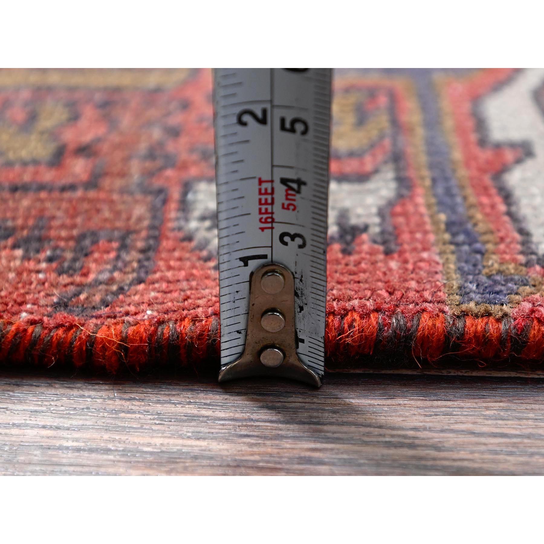 2'1"x5'4" Crimson Red, Vintage Persian Heriz with Eagle Kazak Design, Shaved Down, Zero Pile, Sides and Ends Professionally Secured, Hand Knotted, Pure Wool, Short & Narrow Runner, Oriental Rug Sh638
