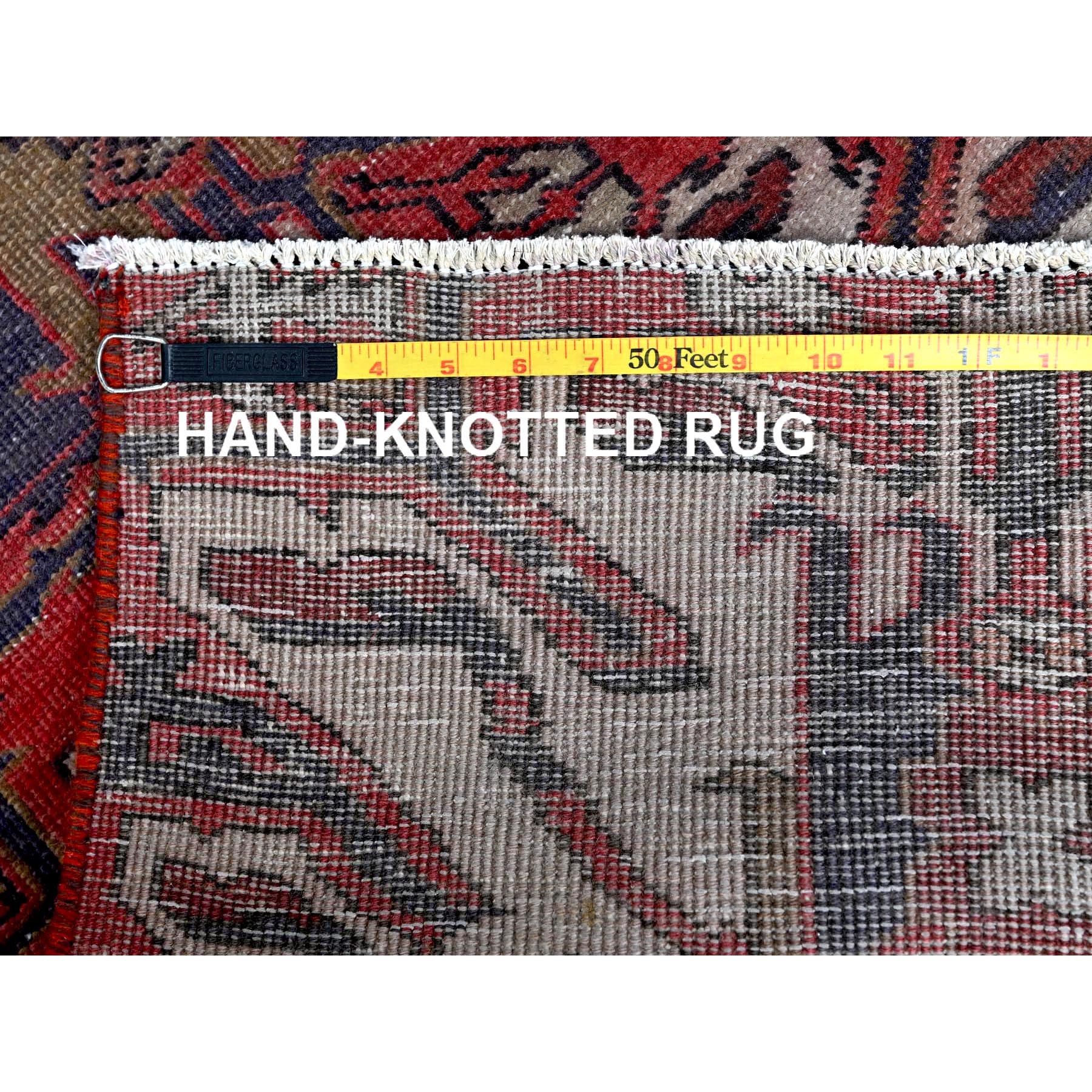 2'1"x5'4" Crimson Red, Vintage Persian Heriz with Eagle Kazak Design, Shaved Down, Zero Pile, Sides and Ends Professionally Secured, Hand Knotted, Pure Wool, Short & Narrow Runner, Oriental Rug Sh638
