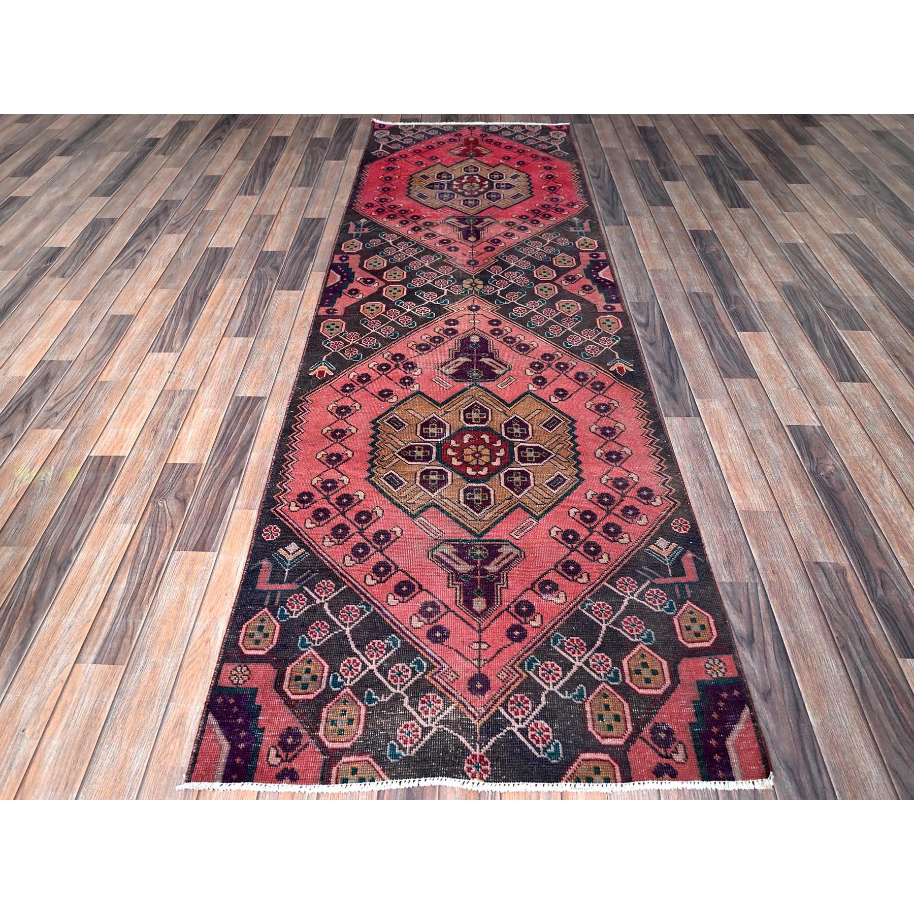 3'1'x9' Blush Red, Ovedyed Vintage Persian Lilahan with Distinct Abrash, Shaved Down, Zero Pile, Sides and Ends Professionally Secured, Hand Knotted, Pure Wool, Runner, Oriental Rug Sh639