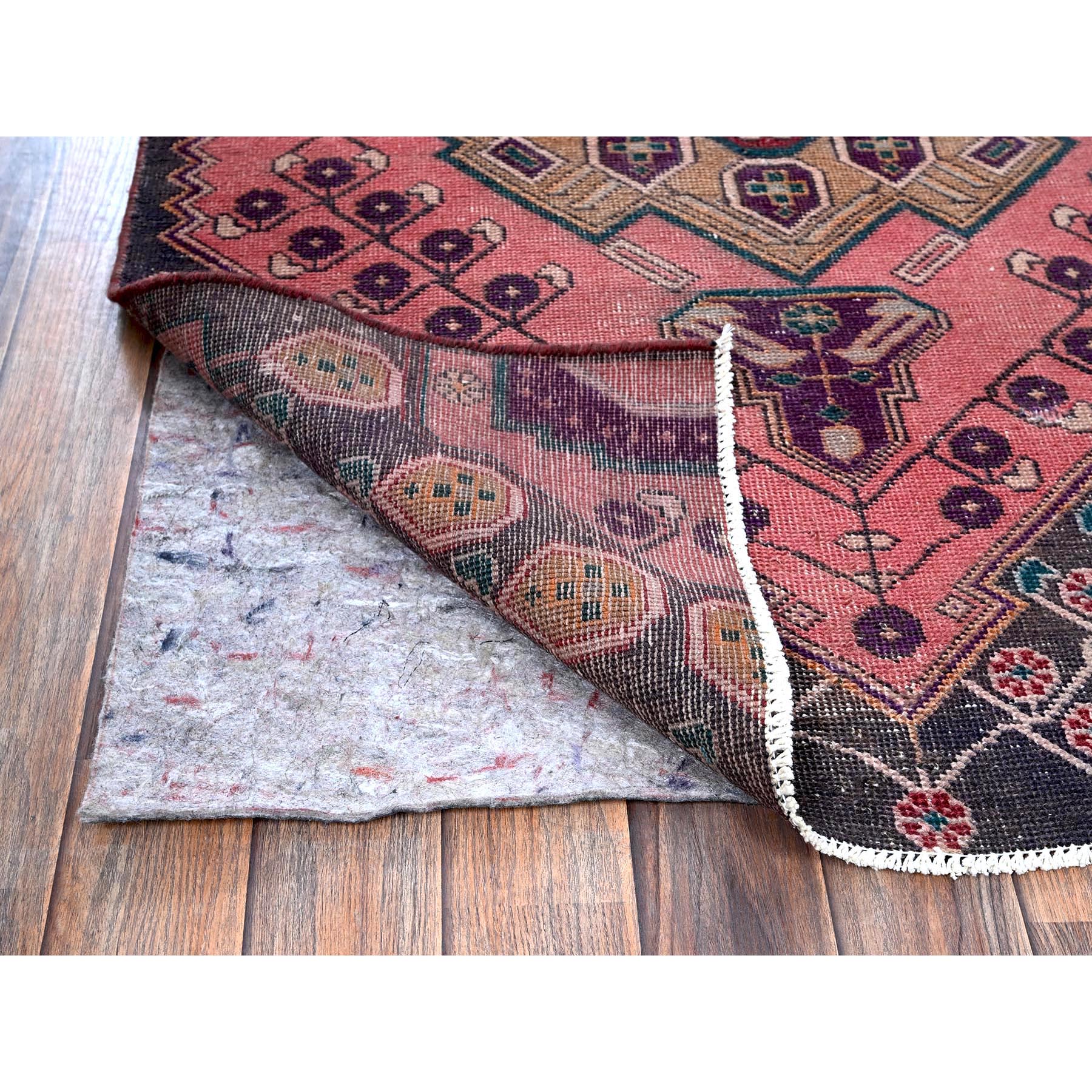 3'1'x9' Blush Red, Ovedyed Vintage Persian Lilahan with Distinct Abrash, Shaved Down, Zero Pile, Sides and Ends Professionally Secured, Hand Knotted, Pure Wool, Runner, Oriental Rug Sh639