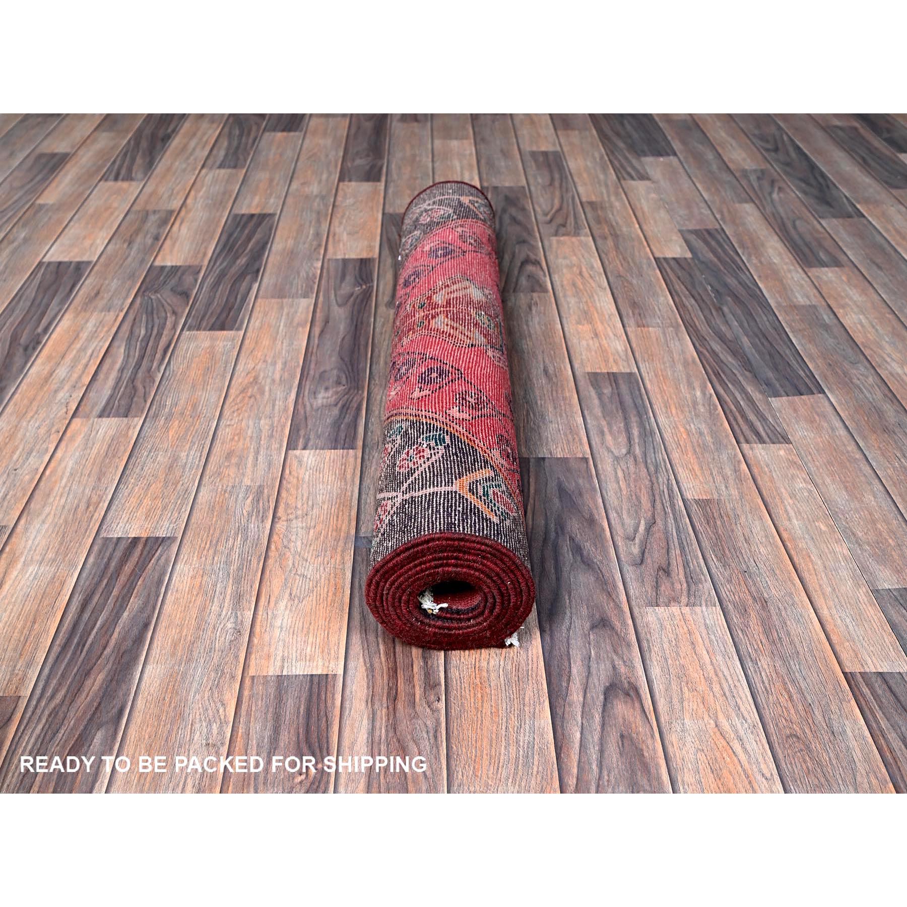 3'1'x9' Blush Red, Ovedyed Vintage Persian Lilahan with Distinct Abrash, Shaved Down, Zero Pile, Sides and Ends Professionally Secured, Hand Knotted, Pure Wool, Runner, Oriental Rug Sh639