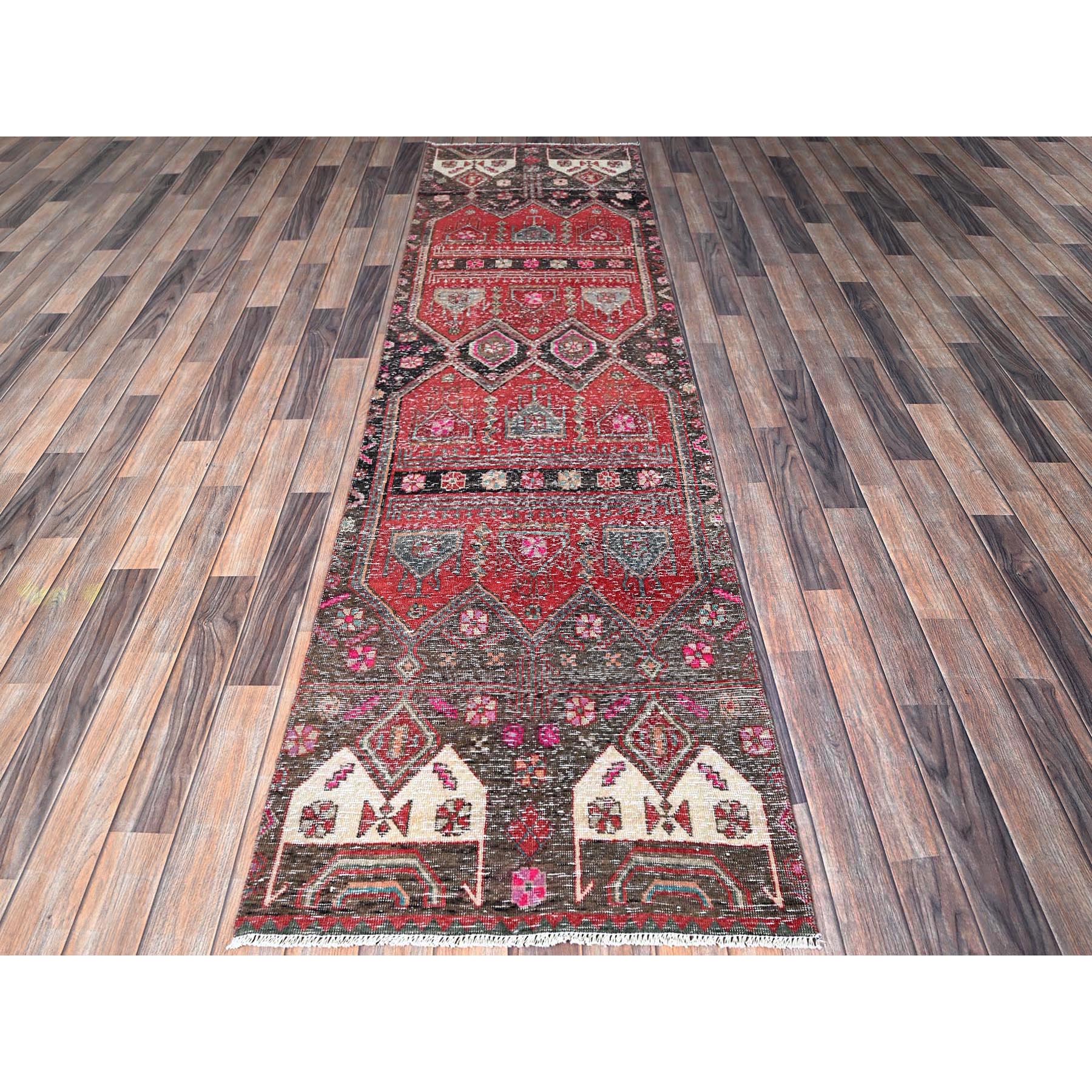 2'7"x9'1" Ruby Red, Overdyed Vintage Northwest Persian, Distressed, Shaved Down, Zero Pile, Sides and Ends Professionally Secured, Hand Knotted, Pure Wool, Runner, Oriental Rug Sh640
