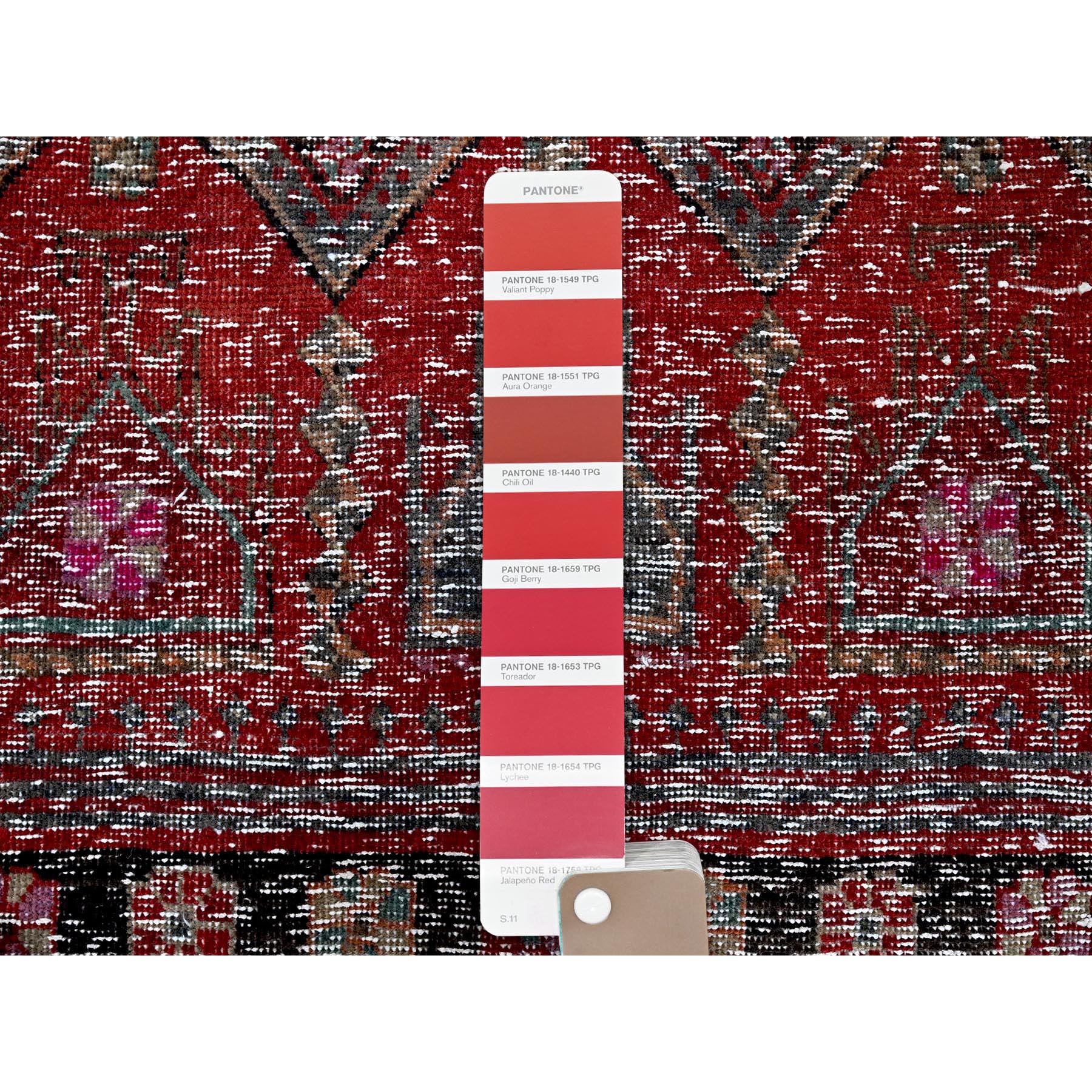 2'7"x9'1" Ruby Red, Overdyed Vintage Northwest Persian, Distressed, Shaved Down, Zero Pile, Sides and Ends Professionally Secured, Hand Knotted, Pure Wool, Runner, Oriental Rug Sh640