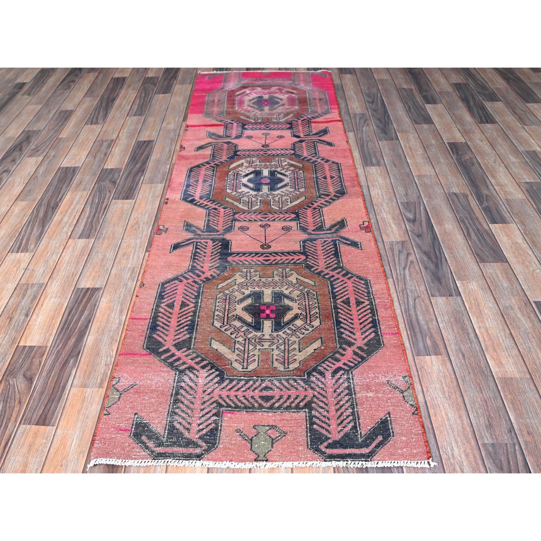 2'6"x7'6" Salmon Color, Overdyed Vintage Northwest Persian with Distinct Hot Pink Abrash, Zero Pile, Sides and Ends Professionally Secured, Hand Knotted, Pure Wool, Runner, Oriental Rug Sh641