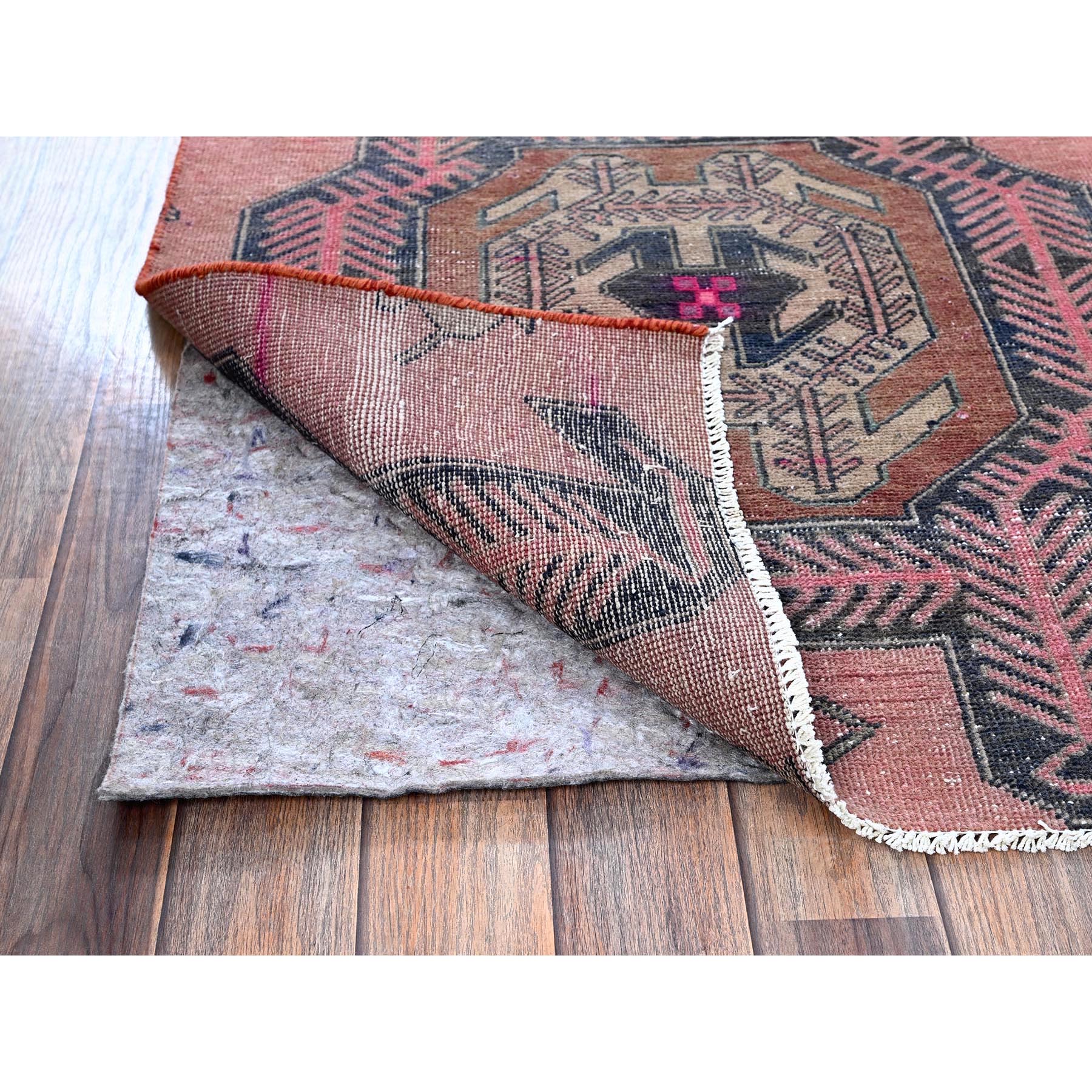 2'6"x7'6" Salmon Color, Overdyed Vintage Northwest Persian with Distinct Hot Pink Abrash, Zero Pile, Sides and Ends Professionally Secured, Hand Knotted, Pure Wool, Runner, Oriental Rug Sh641