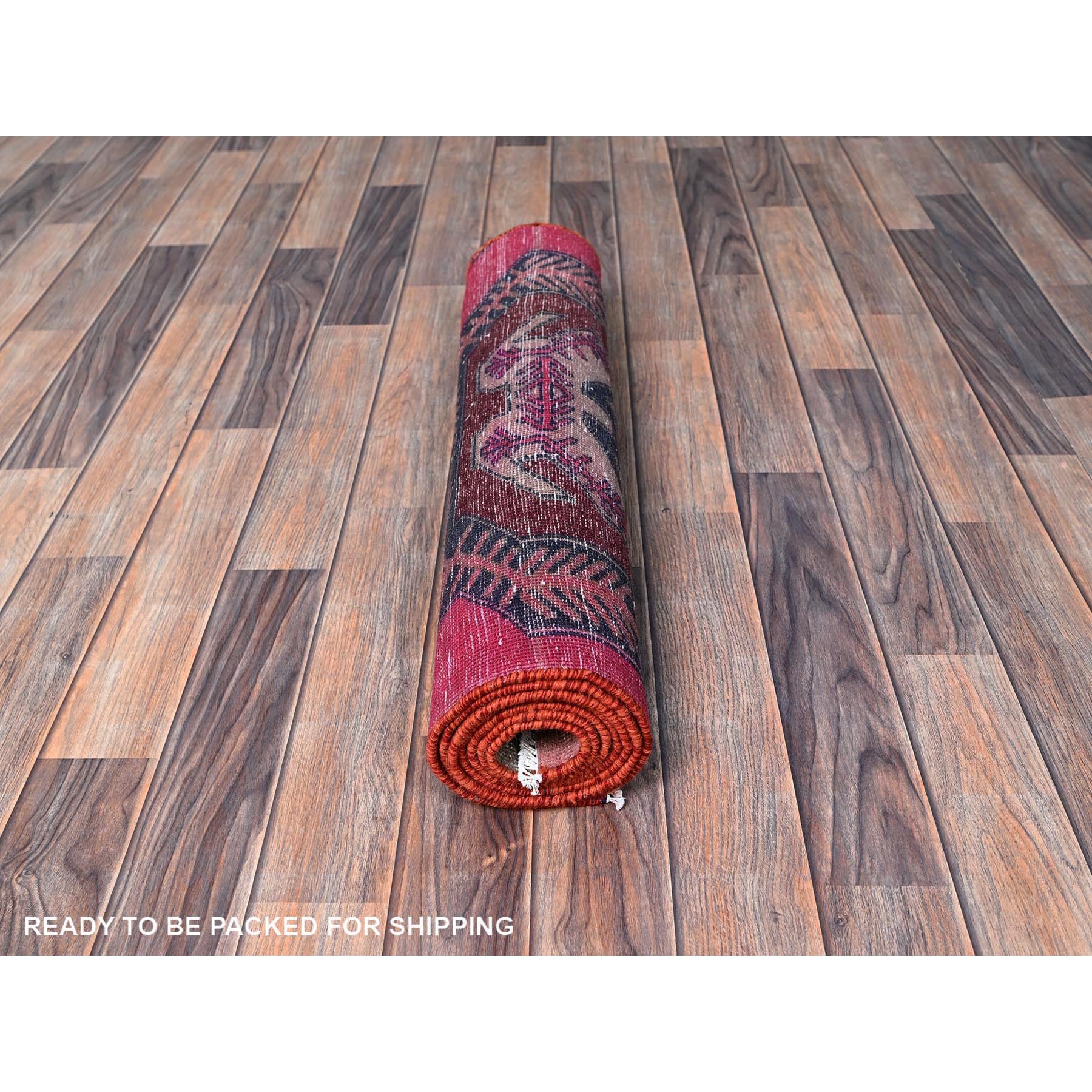 2'6"x7'6" Salmon Color, Overdyed Vintage Northwest Persian with Distinct Hot Pink Abrash, Zero Pile, Sides and Ends Professionally Secured, Hand Knotted, Pure Wool, Runner, Oriental Rug Sh641