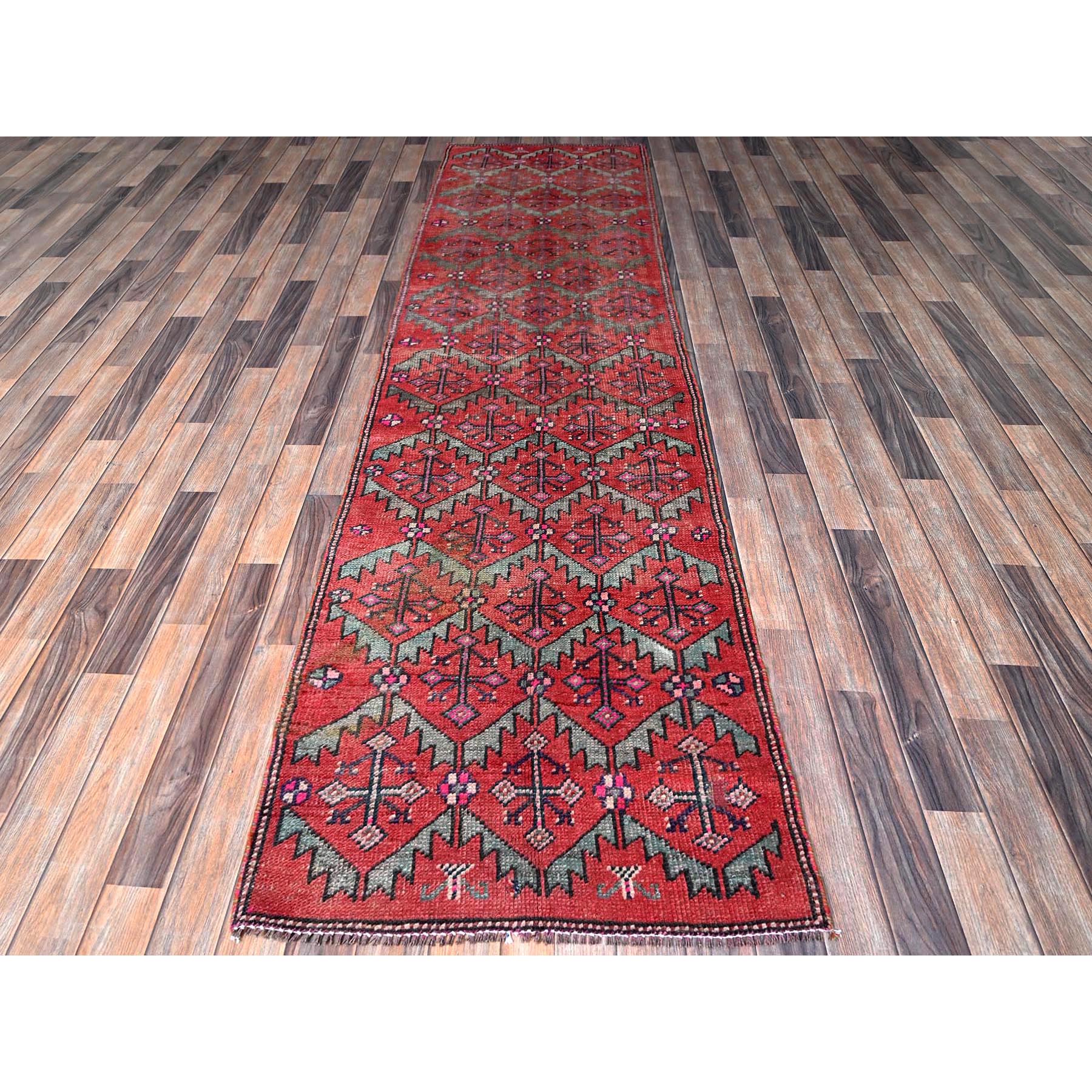 2'8"x9'10" Salsa Red, Vintage Northwest Persian with Serrated Leaf Design, Shaved Low, Zero Pile, Sides and Ends Professionally Secured, Hand Knotted, 100% Wool, Runner, Oriental Rug Sh642