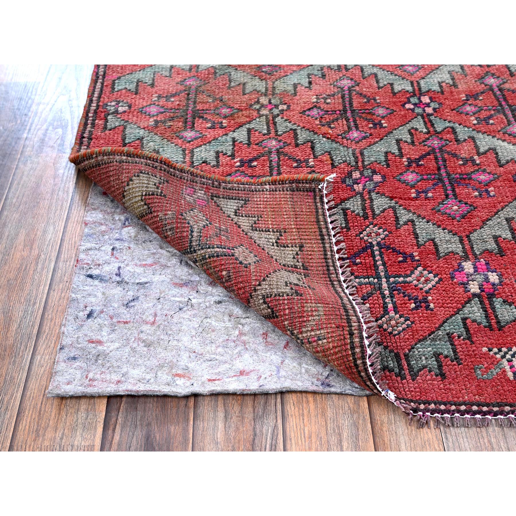 2'8"x9'10" Salsa Red, Vintage Northwest Persian with Serrated Leaf Design, Shaved Low, Zero Pile, Sides and Ends Professionally Secured, Hand Knotted, 100% Wool, Runner, Oriental Rug Sh642