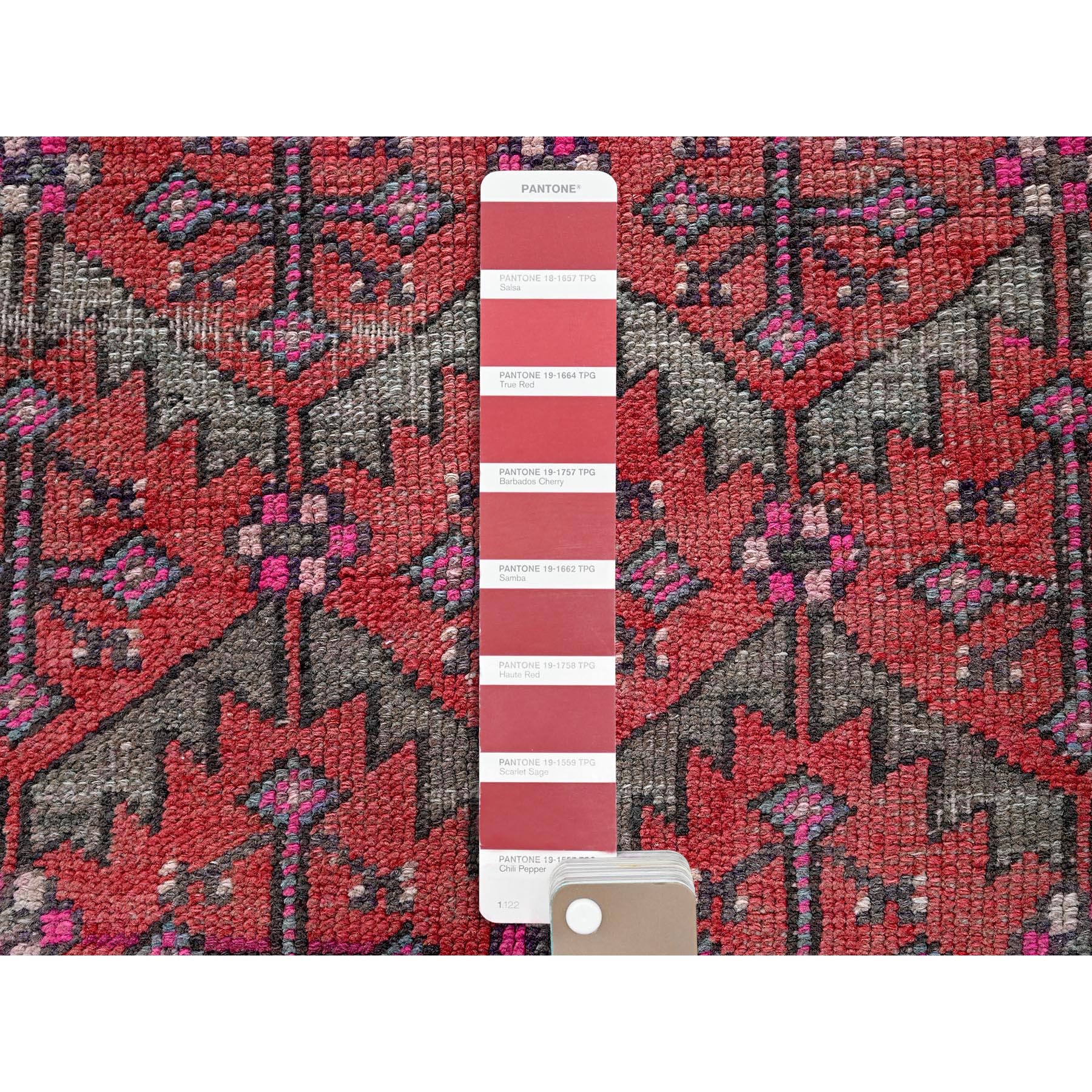 2'8"x9'10" Salsa Red, Vintage Northwest Persian with Serrated Leaf Design, Shaved Low, Zero Pile, Sides and Ends Professionally Secured, Hand Knotted, 100% Wool, Runner, Oriental Rug Sh642