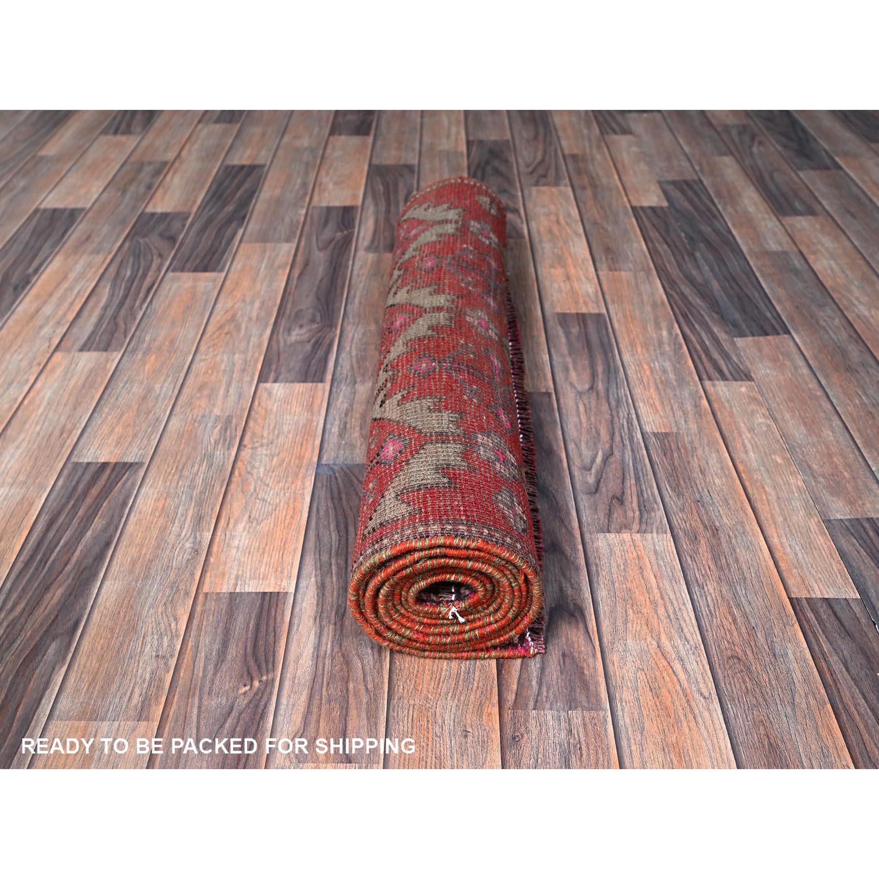 2'8"x9'10" Salsa Red, Vintage Northwest Persian with Serrated Leaf Design, Shaved Low, Zero Pile, Sides and Ends Professionally Secured, Hand Knotted, 100% Wool, Runner, Oriental Rug Sh642