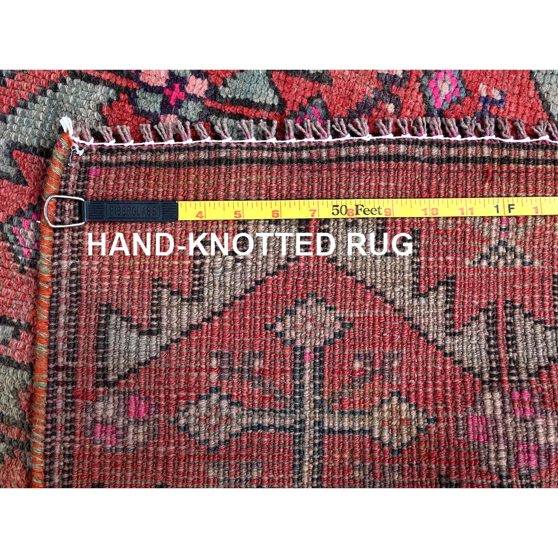 2'8"x9'10" Salsa Red, Vintage Northwest Persian with Serrated Leaf Design, Shaved Low, Zero Pile, Sides and Ends Professionally Secured, Hand Knotted, 100% Wool, Runner, Oriental Rug Sh642