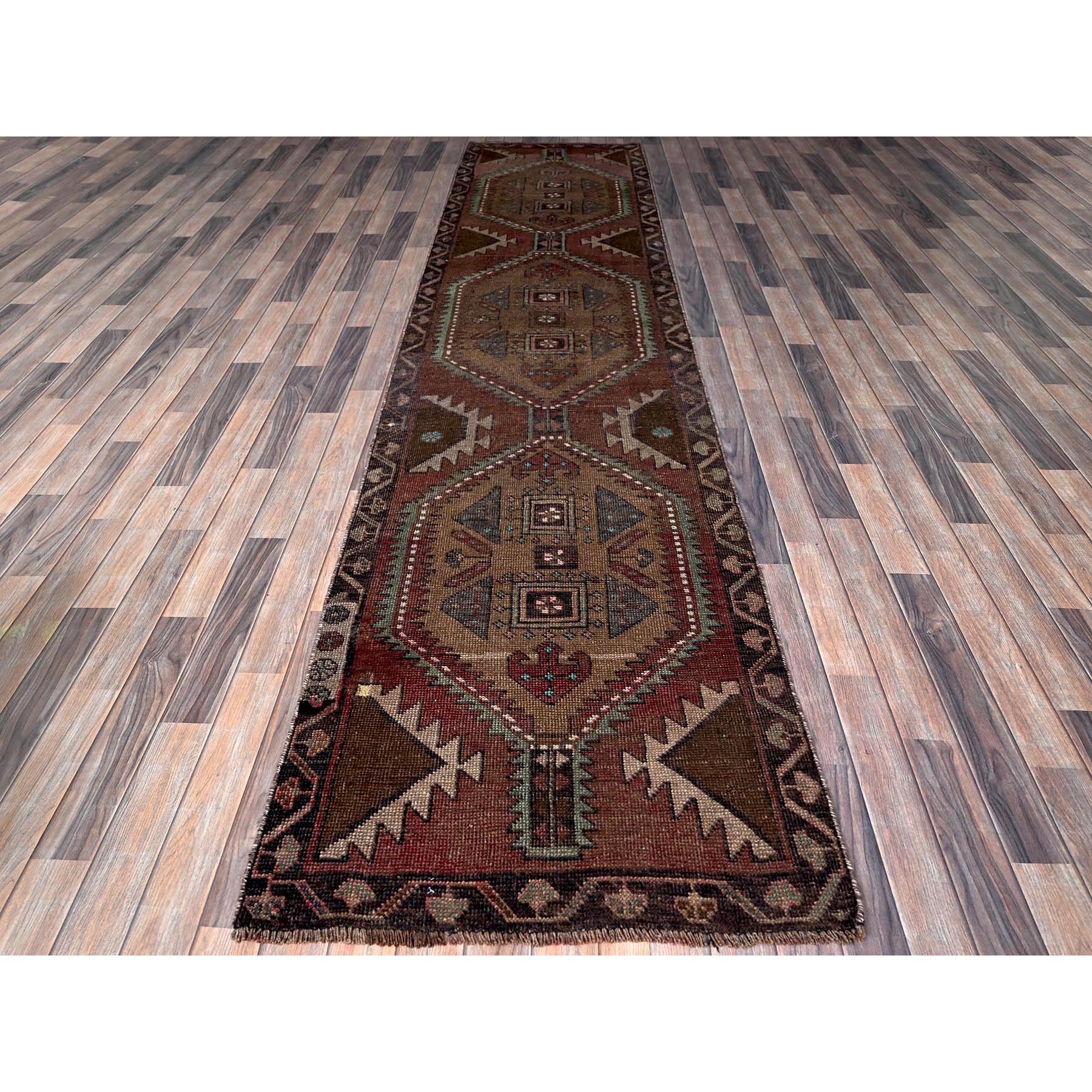 3'x12'1" Earth Tone Colors, Vintage Northwest Persian with Geometric Pattern, Distressed, Distinct Abrash, 100% Wool, Hand Knotted, Cropped Thin, Sides and Ends Professionally Secured, Runner, Oriental Rug Sh643