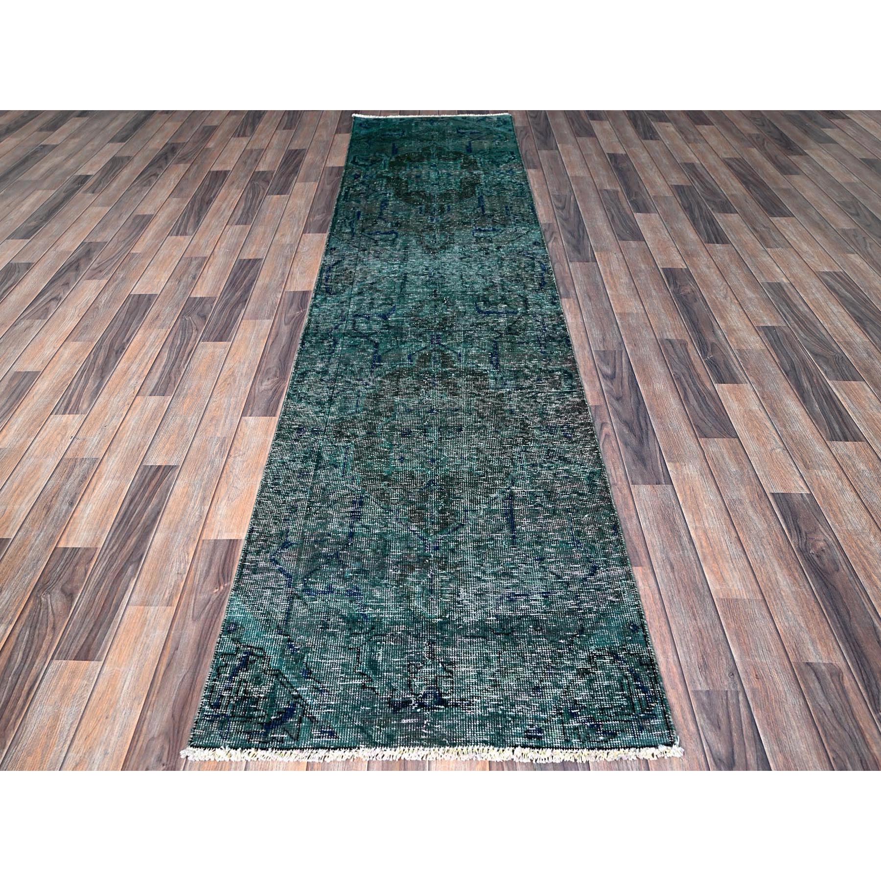 2'6"x9'8" Overdyed Green, Vintage Persian Tabriz, Hand Knotted, 100% Wool, Distressed, Zero Pile, Cropped Thin, Even Wear, Sides and Ends Professionally Secured, Runner, Oriental Rug Sh645