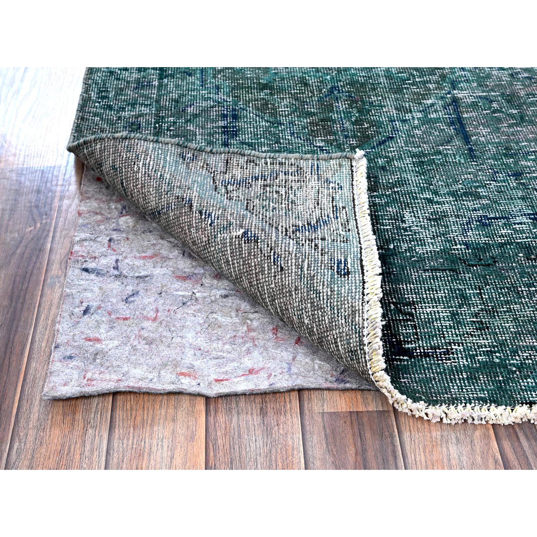 2'6"x9'8" Overdyed Green, Vintage Persian Tabriz, Hand Knotted, 100% Wool, Distressed, Zero Pile, Cropped Thin, Even Wear, Sides and Ends Professionally Secured, Runner, Oriental Rug Sh645