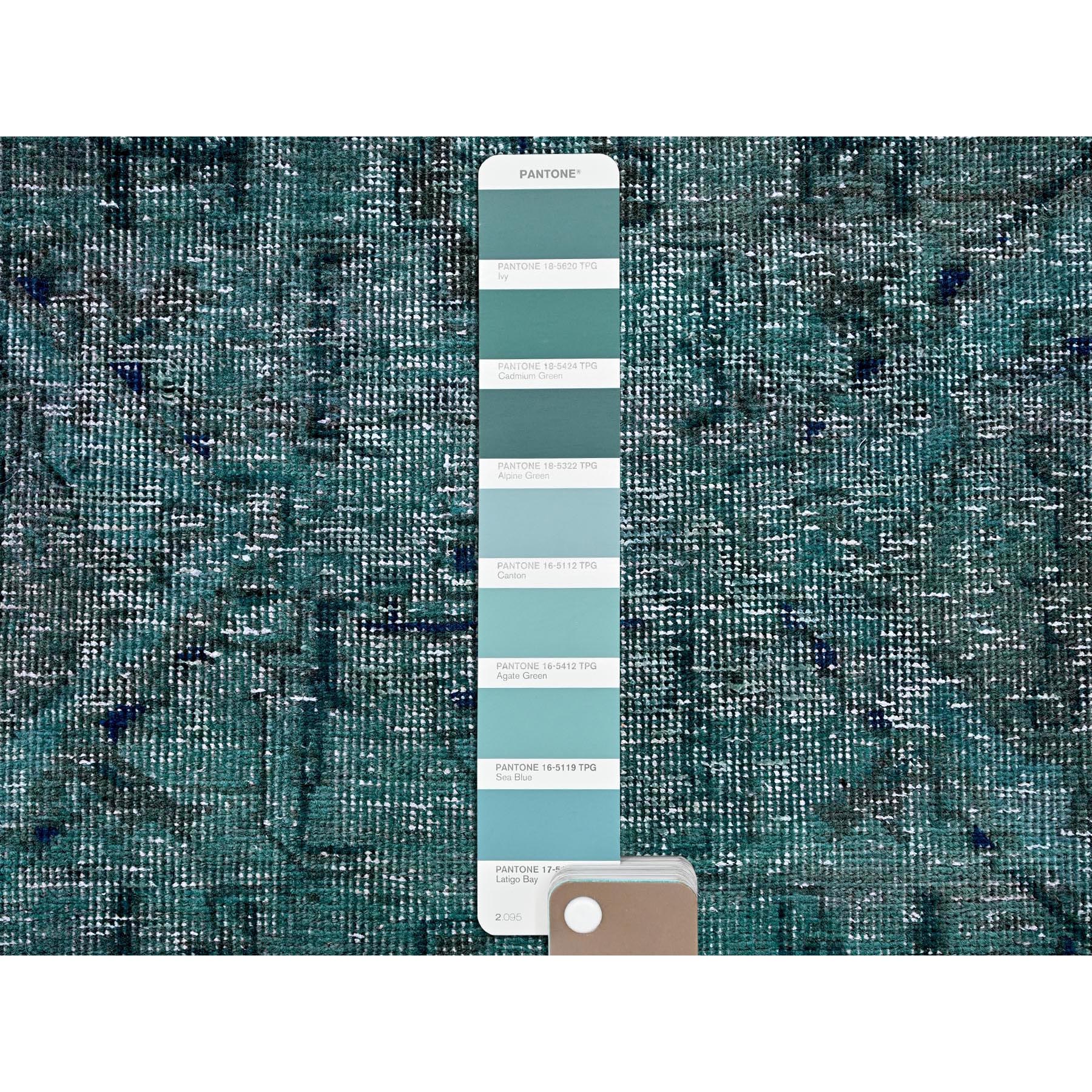 2'6"x9'8" Overdyed Green, Vintage Persian Tabriz, Hand Knotted, 100% Wool, Distressed, Zero Pile, Cropped Thin, Even Wear, Sides and Ends Professionally Secured, Runner, Oriental Rug Sh645