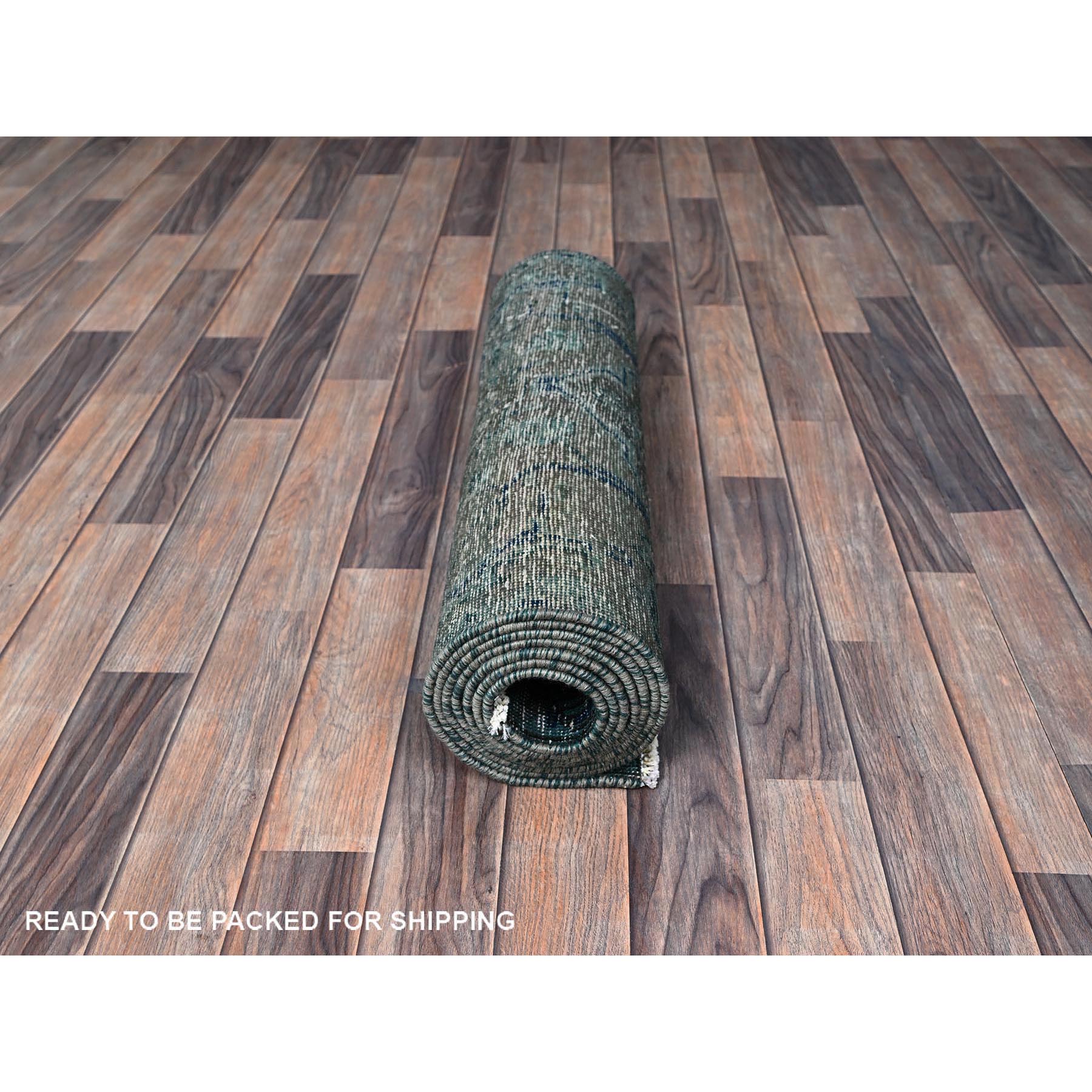 2'6"x9'8" Overdyed Green, Vintage Persian Tabriz, Hand Knotted, 100% Wool, Distressed, Zero Pile, Cropped Thin, Even Wear, Sides and Ends Professionally Secured, Runner, Oriental Rug Sh645
